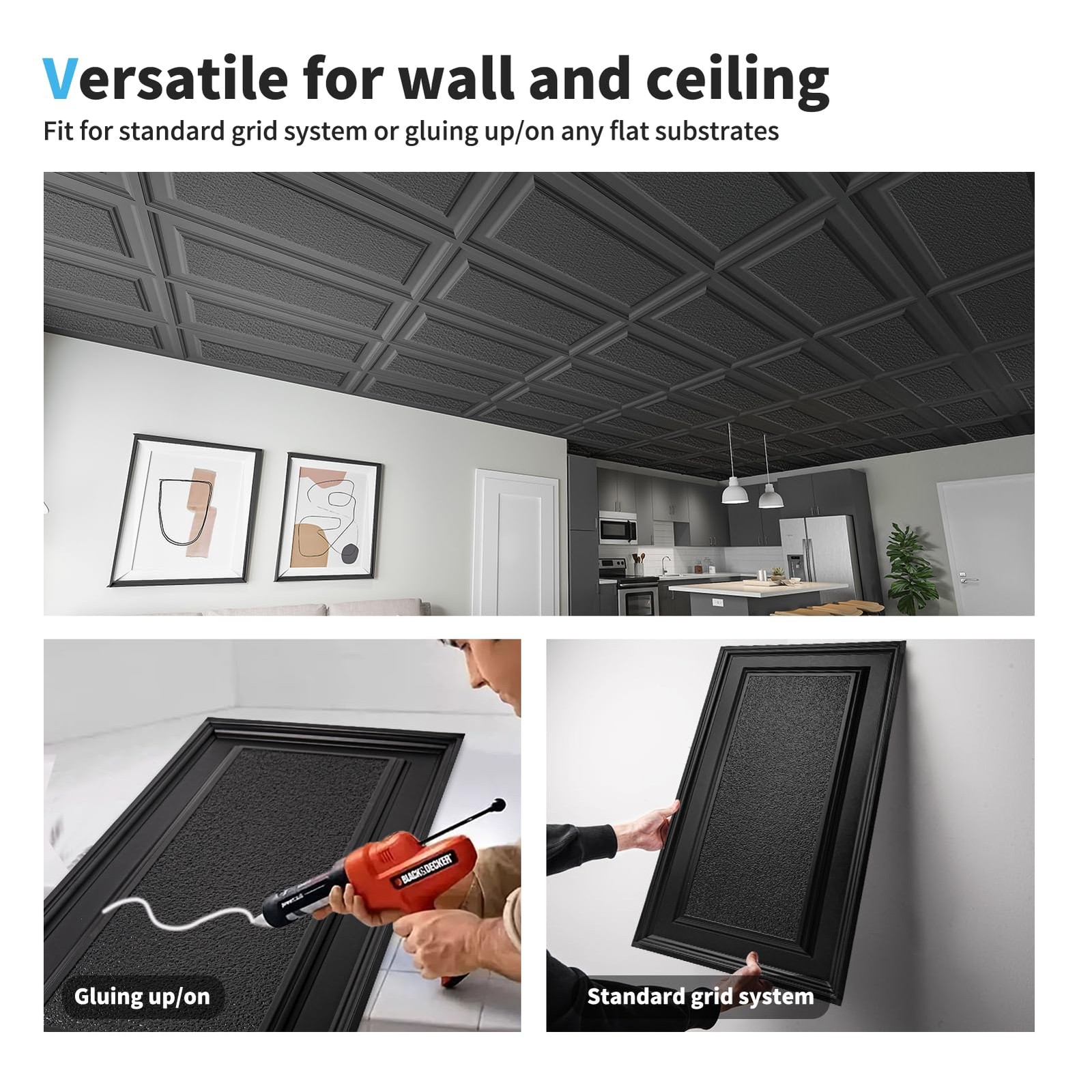Art3D Drop Ceiling Tiles 24X48 Inch Black 12-Pack 96 Sq.Ft 3D Wainscoting