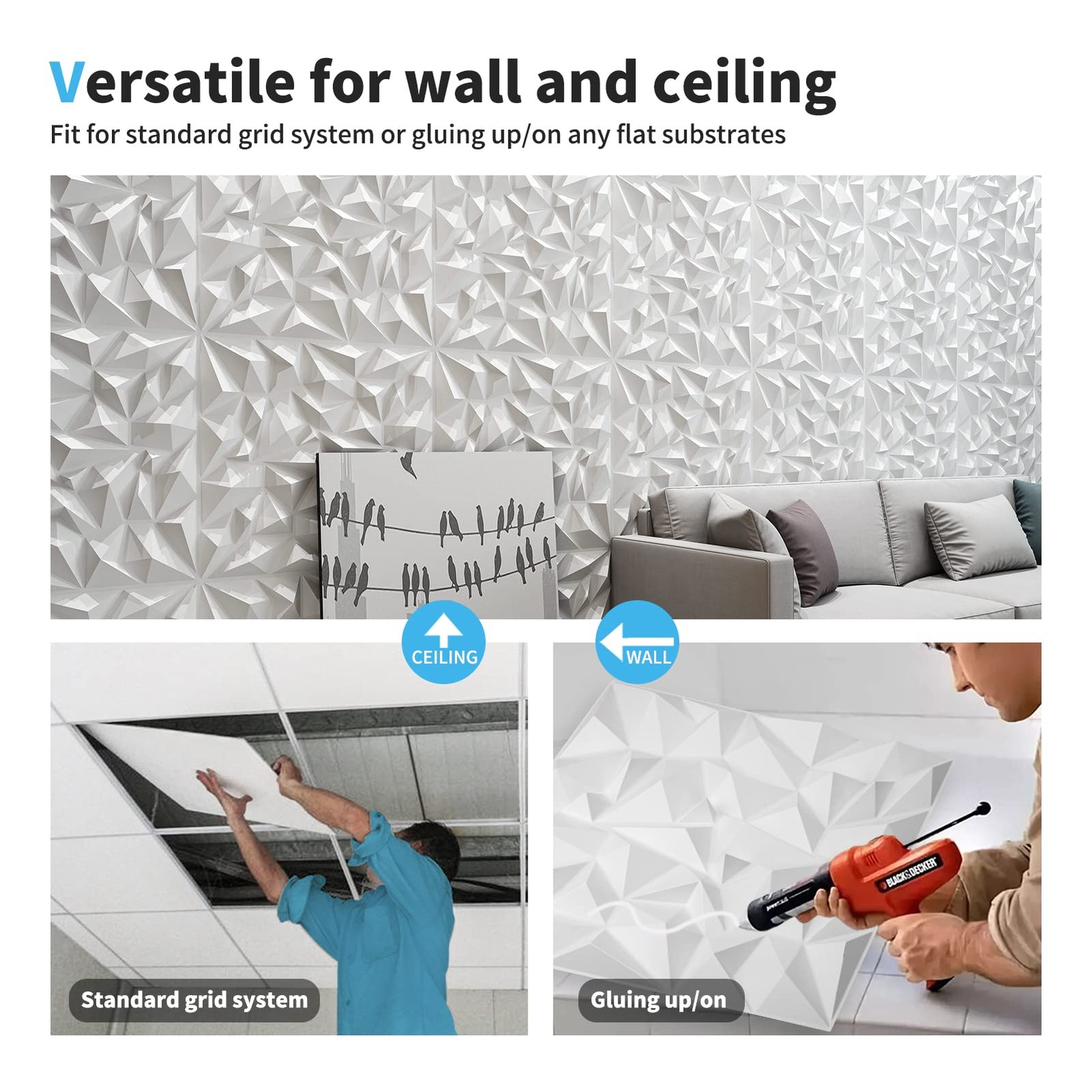 Art3d 19.7″x19.7″ 3D Wall Panels Diamond Design Pack of 12 White, 32 Sq Ft