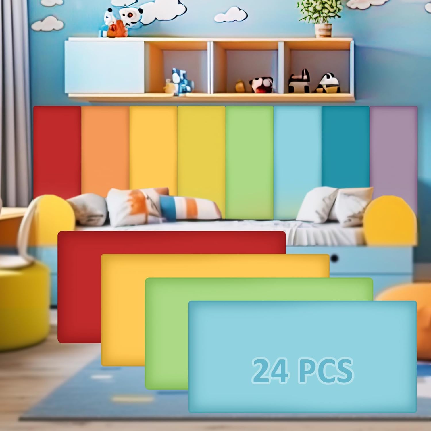 Rainbow Wall Padding 24 Pack – 3D Self-Adhesive Headboard Panels for Playroom