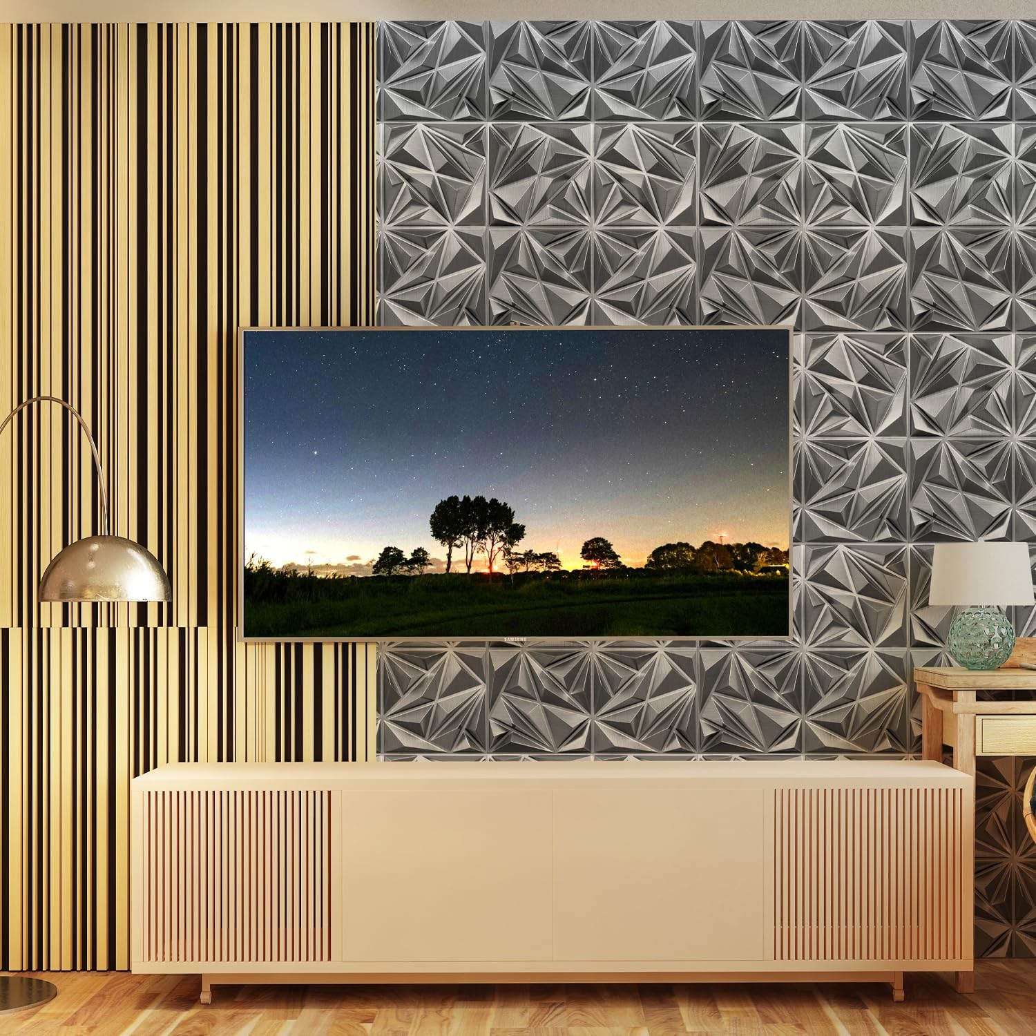 Stickgoo Brushed Silver 3D Wall Panels Interior Wall Decor 12X12 Diamond Accent
