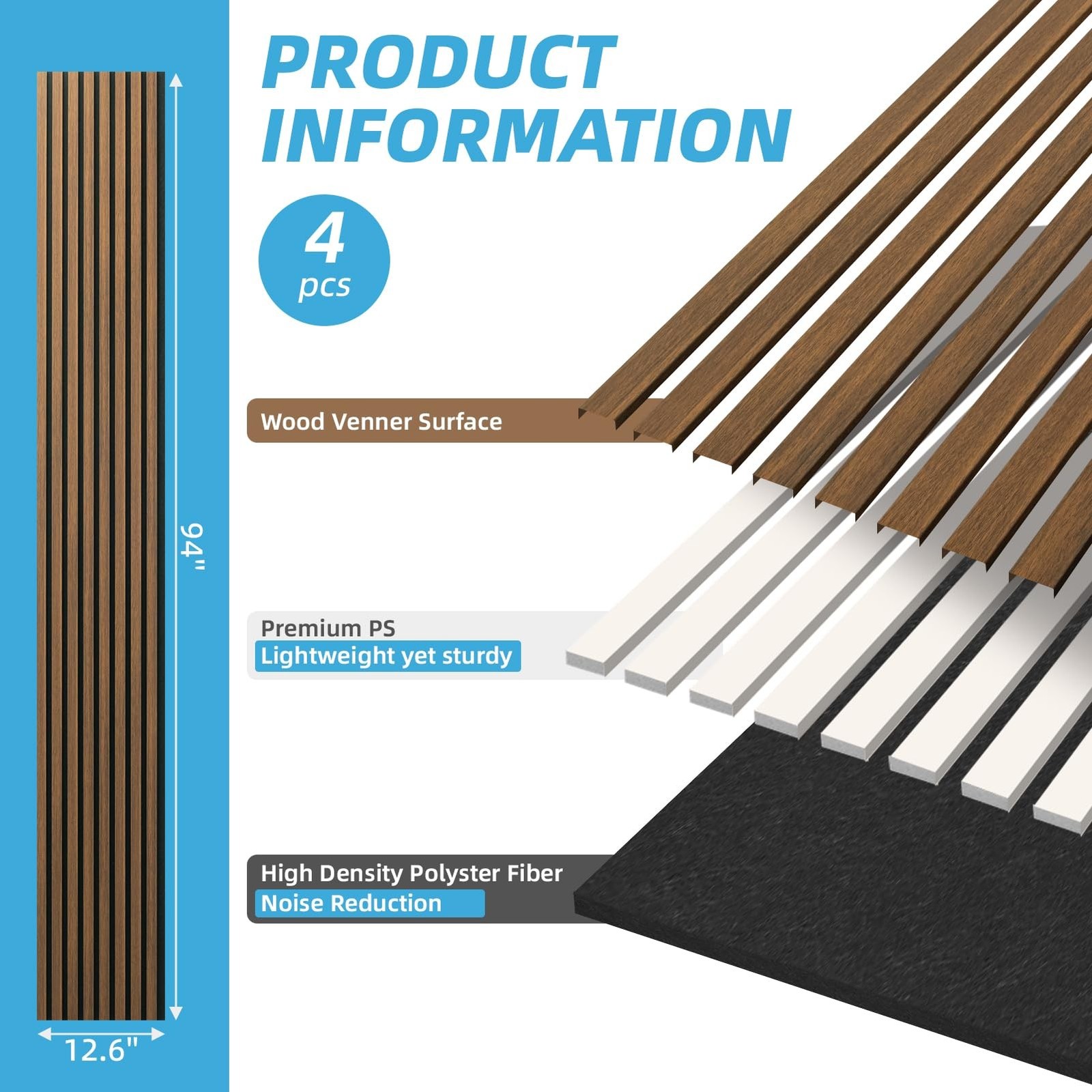 Art3d Acoustic Lightweight Slat Wall Panel 94 x 12.6 in 4-Piece Walnut