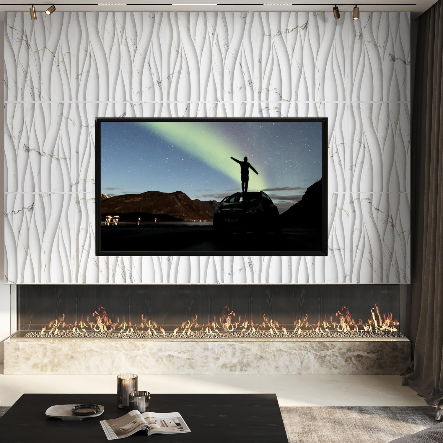 Wave Wall Panels for Interior Wall Decor, White Marble Mixed Gold Thread 3D Wall