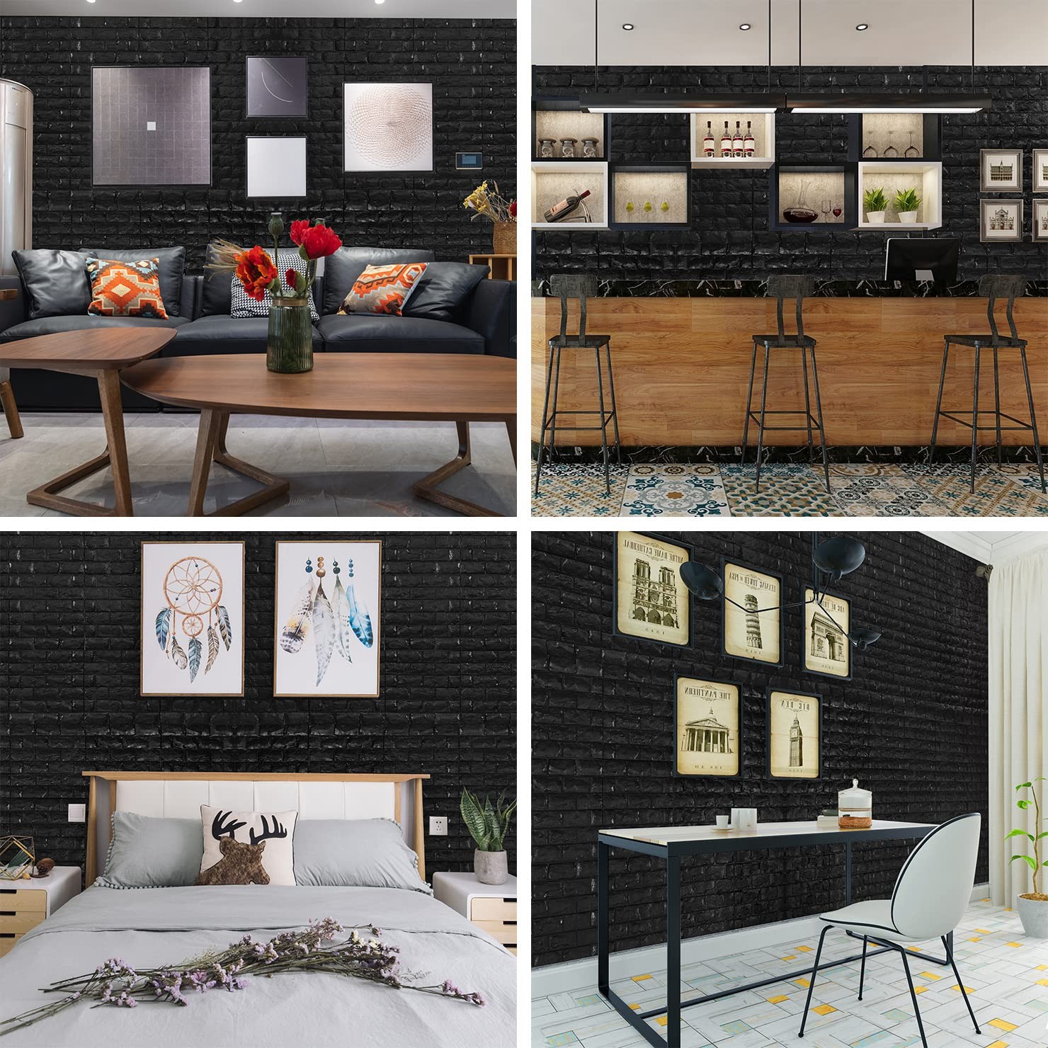 YU LI 3DH 3D Wall Panels Peel and Stick 11PCS Black Foam Brick Wallpaper