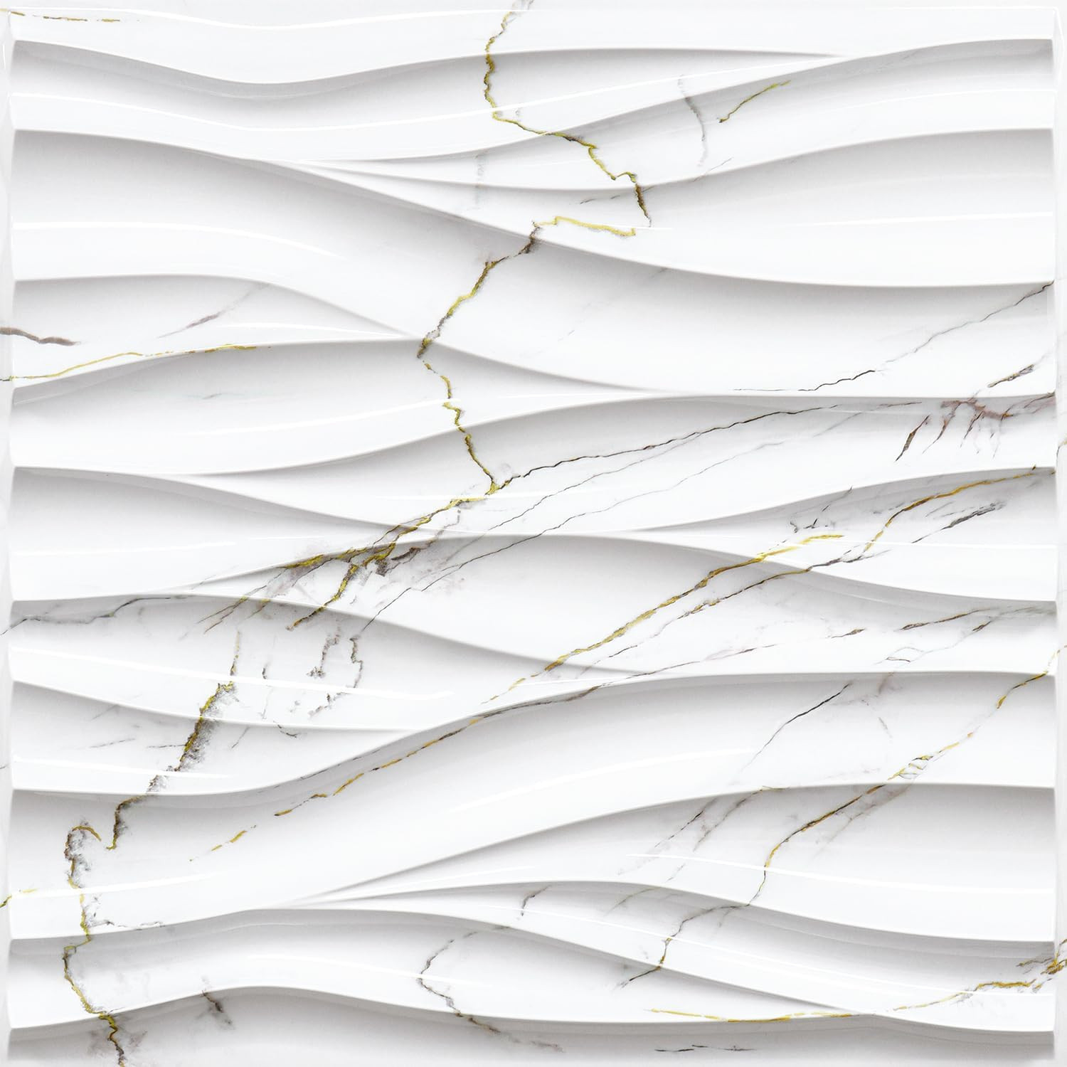 Wave Wall Panels for Interior Wall Decor, White Marble Mixed Gold Thread 3D Wall