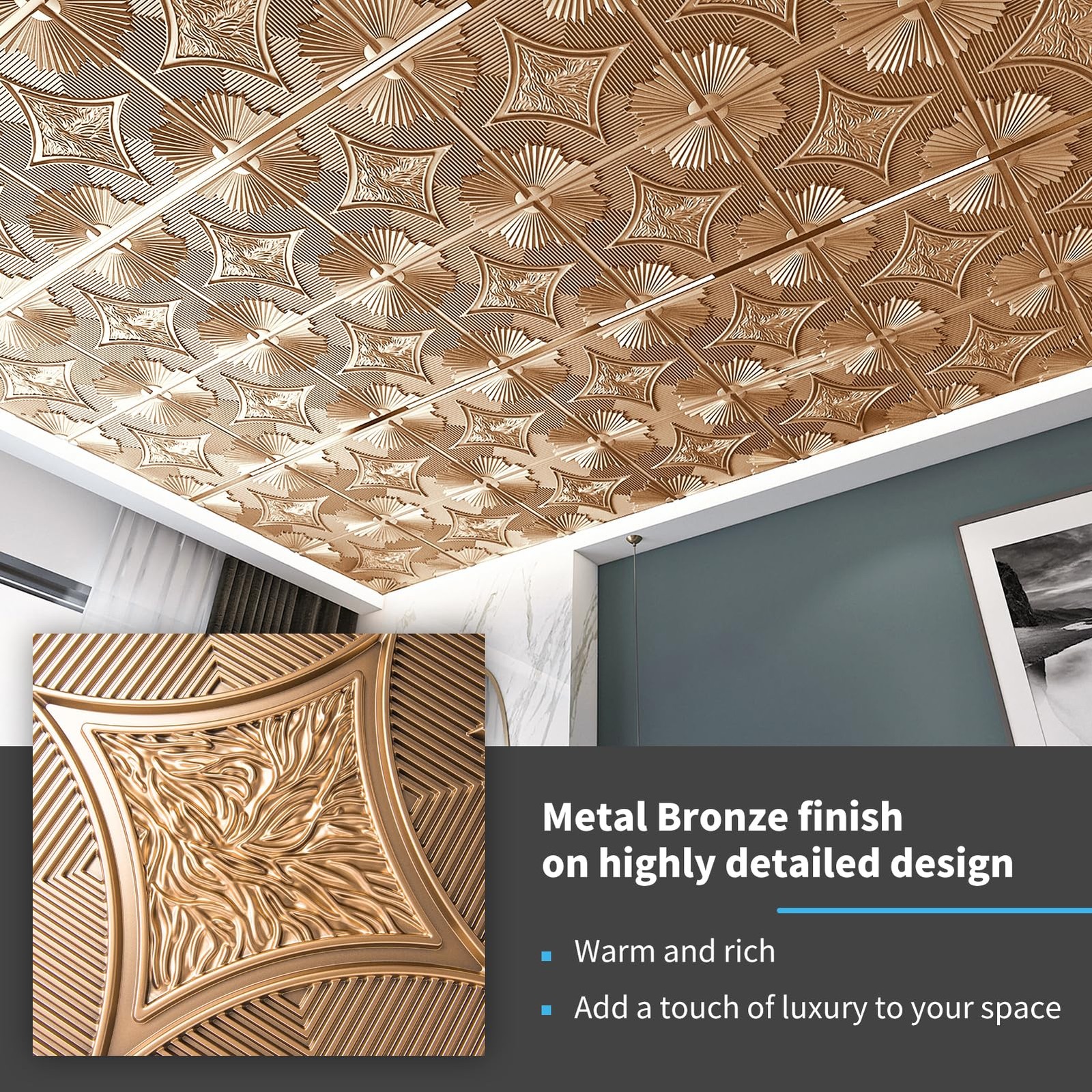 Art3D Drop Ceiling Tiles 24X24 In Bronze 12-Pack 48 Sq.Ft 3D Wainscoting Panels