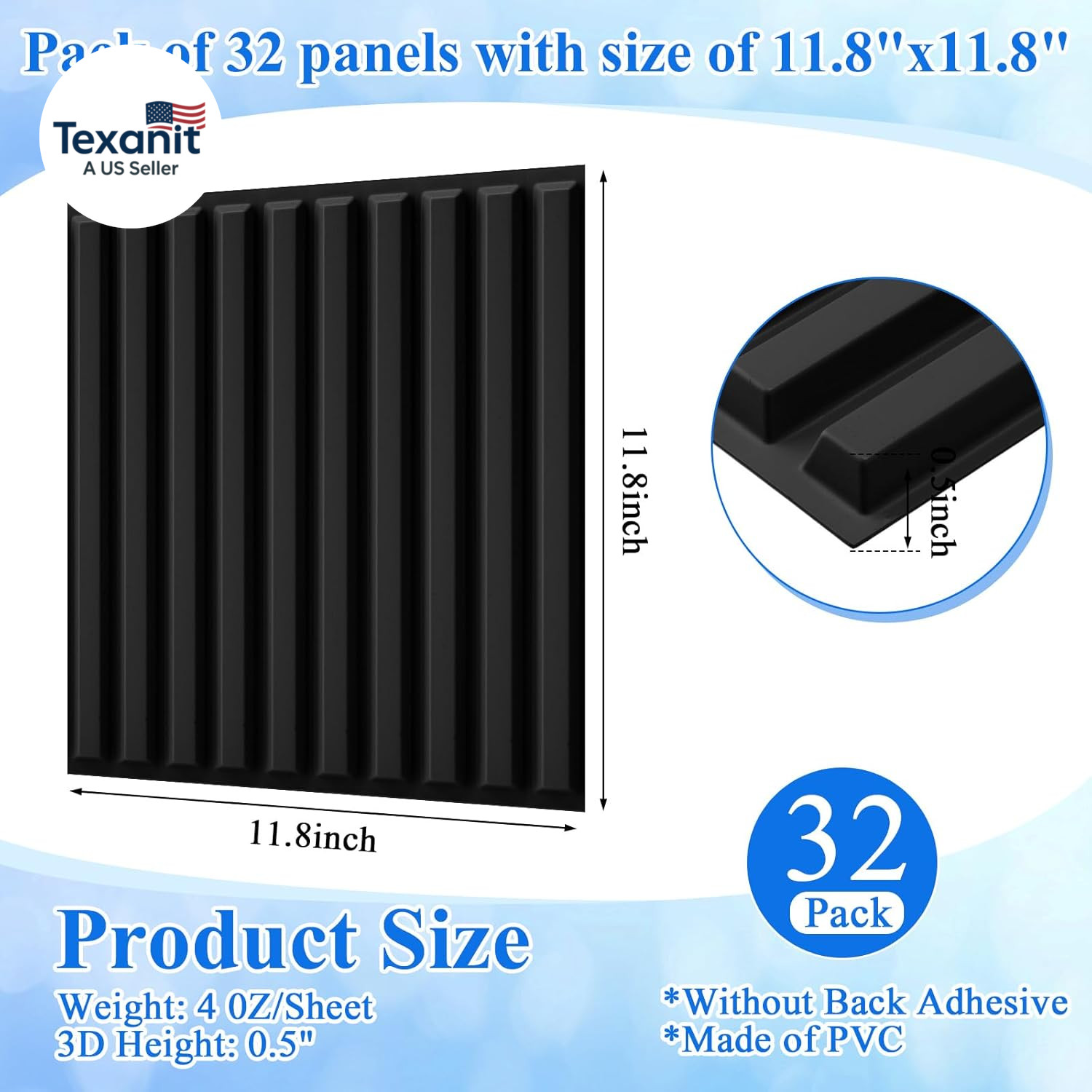 32 Pcs 3D Slat Wall Panels, 12″X12″ PVC Fluted Wall Paneling for Interior Decor,