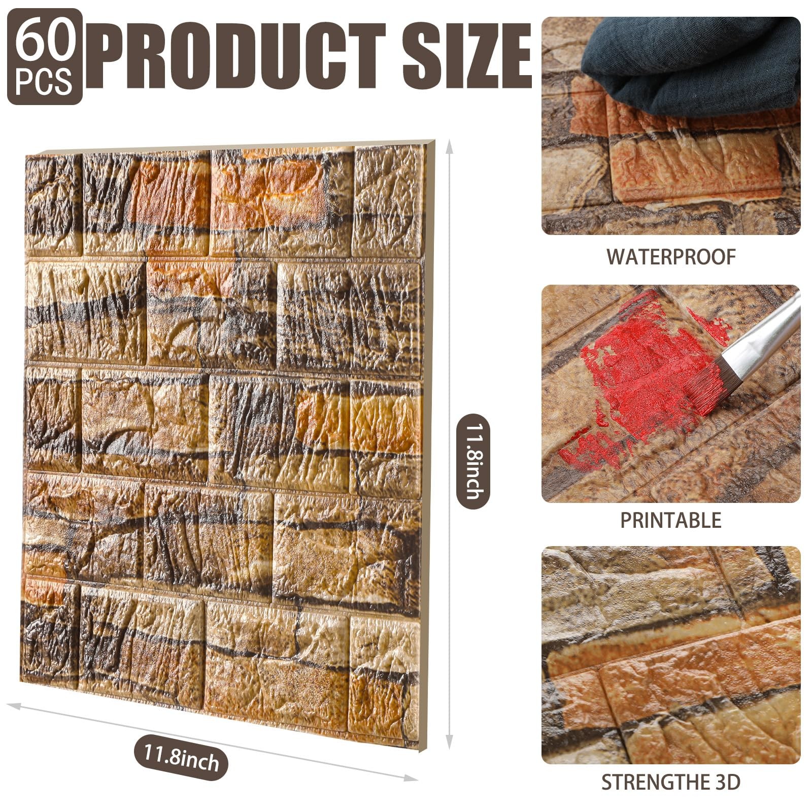 Colarr 60 Pcs 58 Sq Ft 3D Wall Panels Peel And Stick Faux Foam 3D Brick