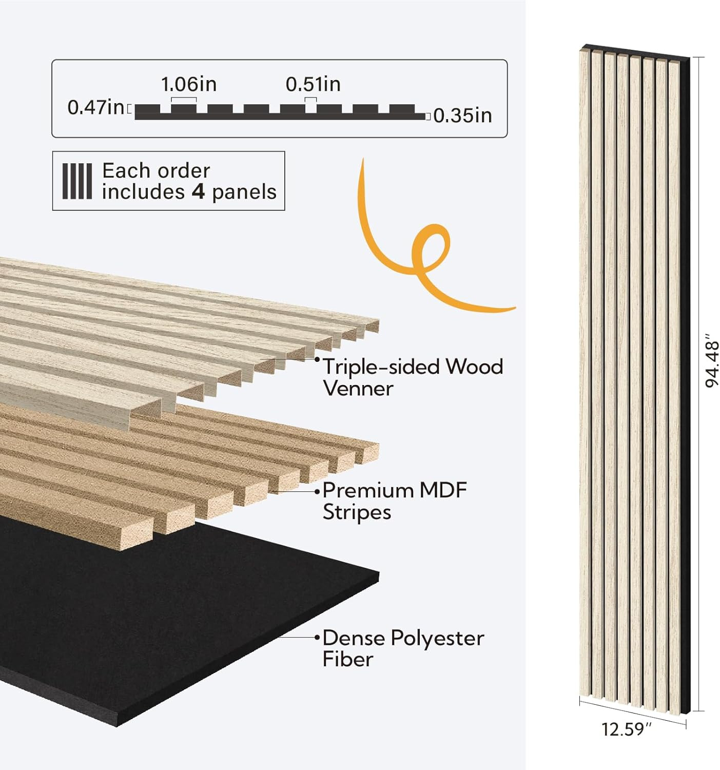 Light Oak 3D Acoustic Wall Panels – 4 Pack, 94.5″x12.6″ for Stylish Decor