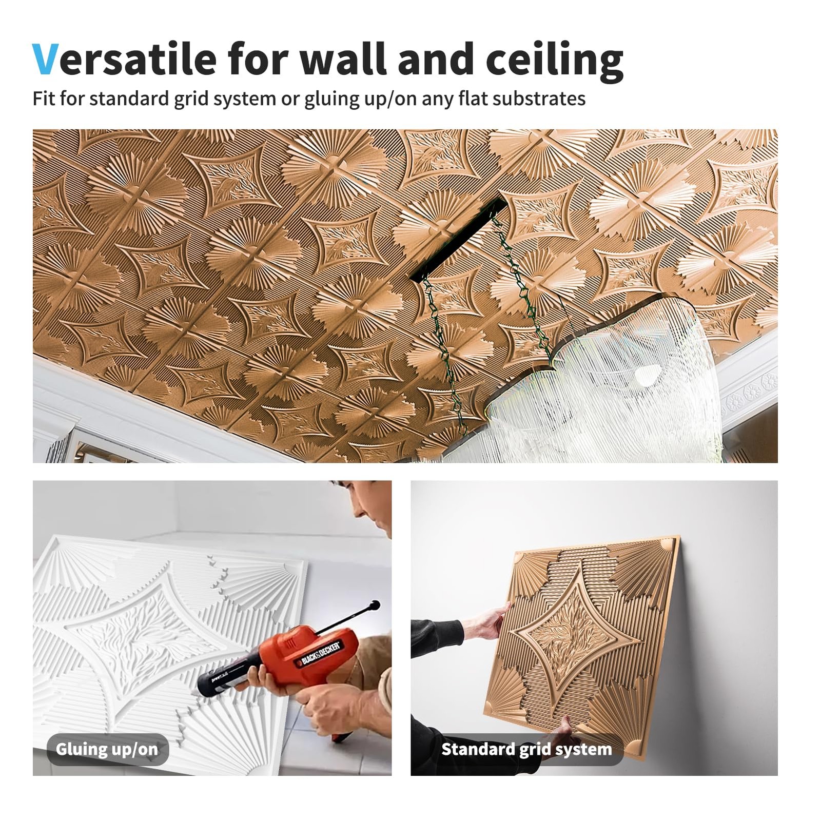 Art3D Drop Ceiling Tiles 24X24 In Bronze 12-Pack 48 Sq.Ft 3D Wainscoting Panels