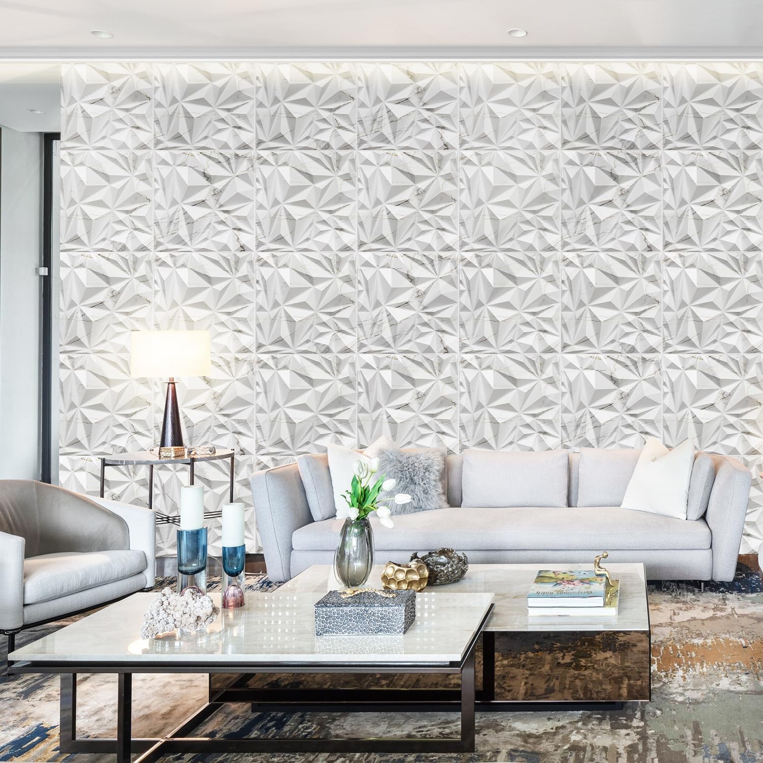 STICKGOO 3D Diamond Wall Panels White Marble Mixed Gold Interior Decor
