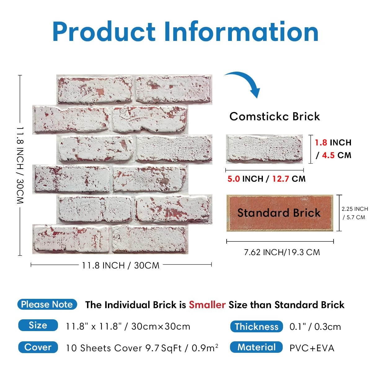COMSTICKC 3D Faux Brick Wall Panel Peel and Stick, 10 Pcs 12″X12″ Small Size Bri