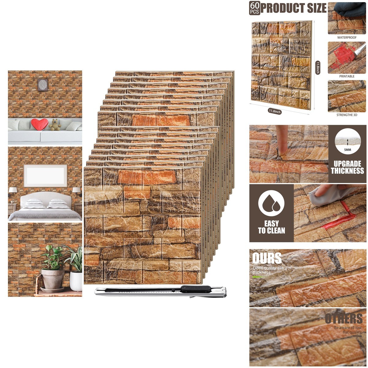 Colarr 60 Pcs 58 Sq Ft 3D Wall Panels Peel And Stick Faux Foam 3D Brick