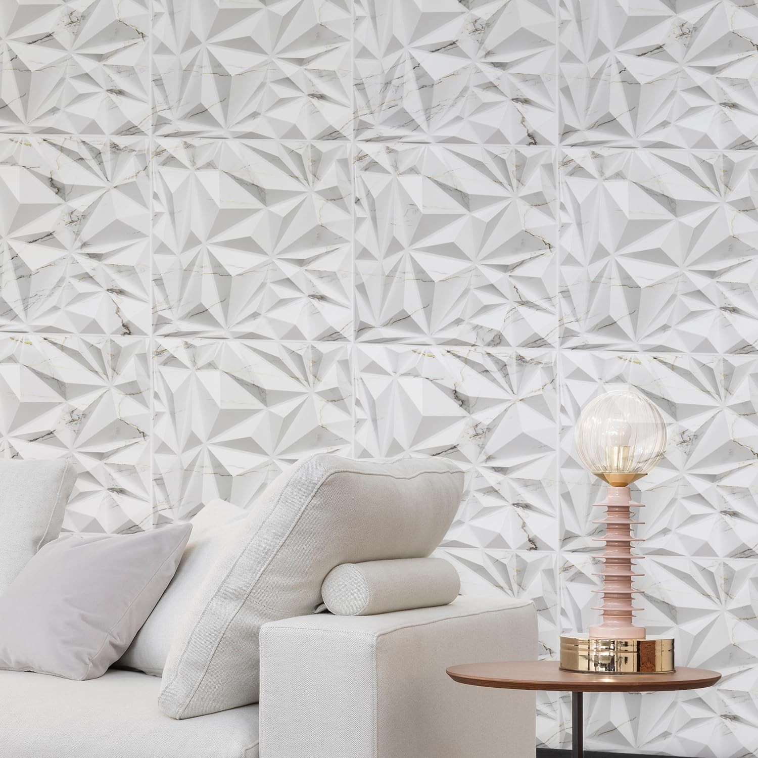 STICKGOO 3D Diamond Wall Panels White Marble Mixed Gold Interior Decor
