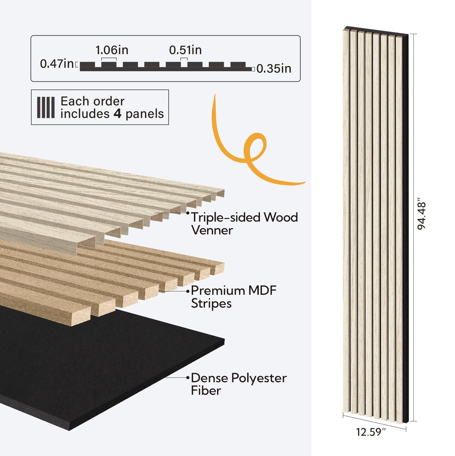 Olanglab Wood Wall Panels 4 Pack Wood Slat Acoustic Wall Panels 94.5X12.6 Each