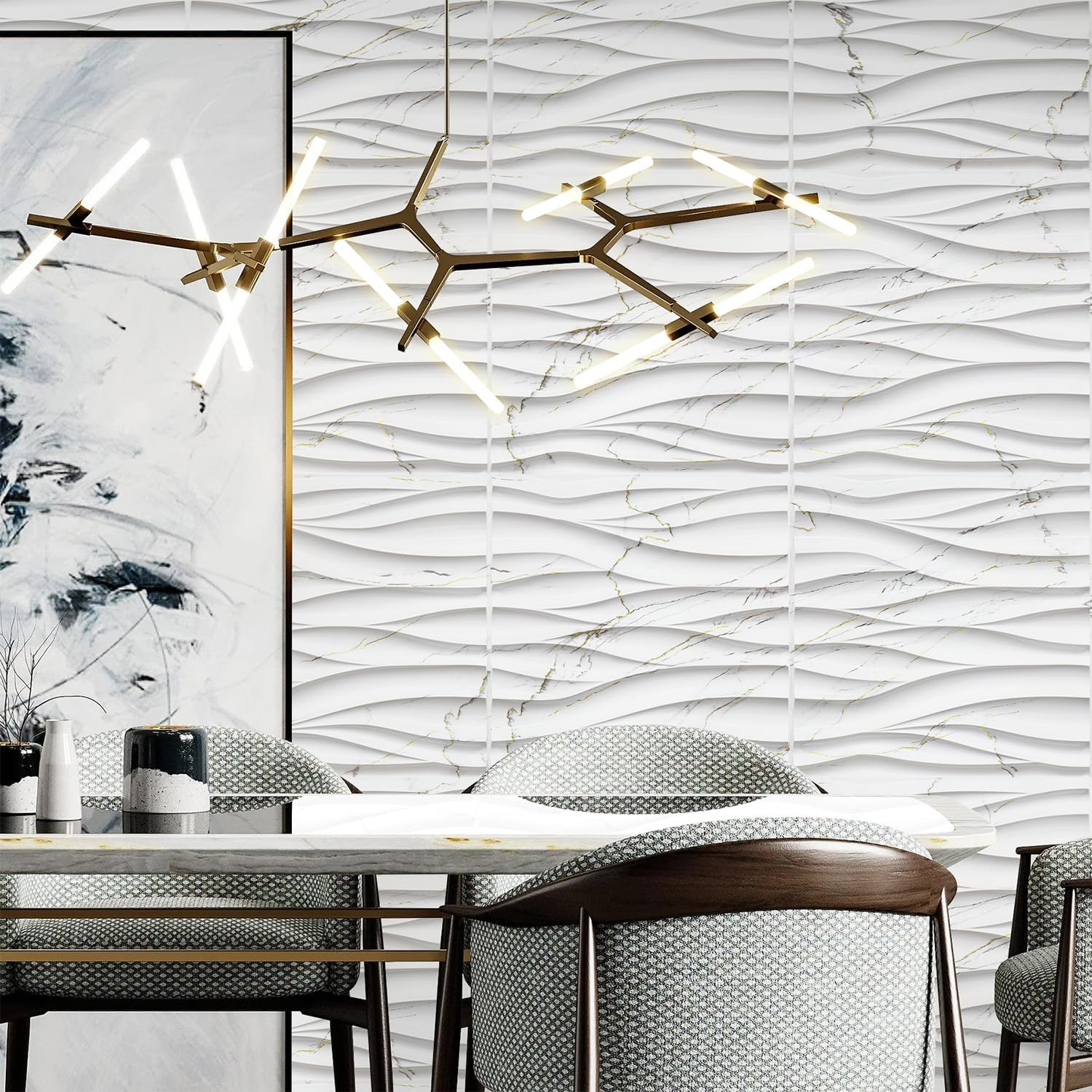 Wave Wall Panels for Interior Wall Decor, White Marble Mixed Gold Thread 3D Wall