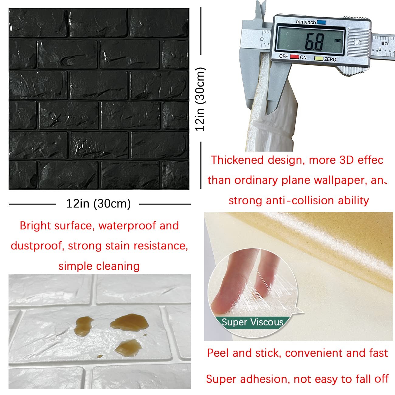 YU LI 3DH 3D Wall Panels Peel and Stick 11PCS Black Foam Brick Wallpaper