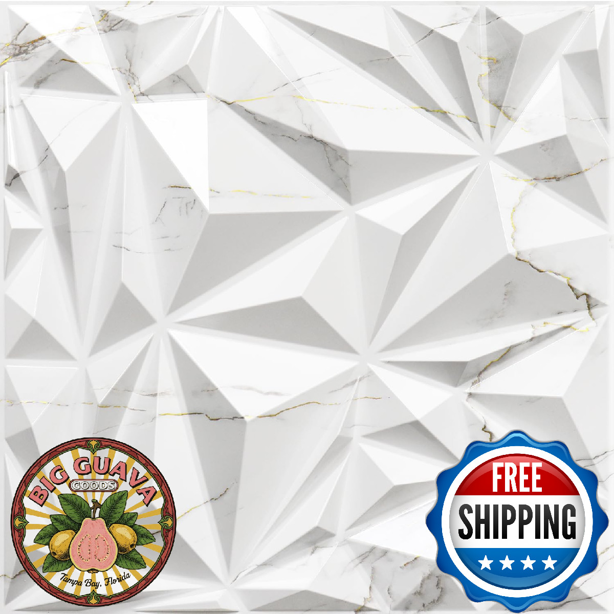 STICKGOO 3D Diamond Wall Panels White Marble Mixed Gold Interior Decor