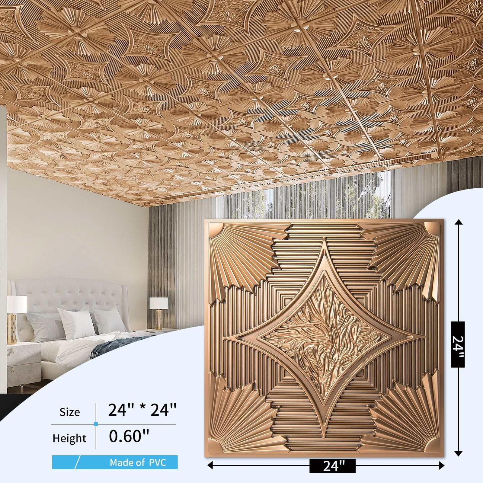 Art3D Drop Ceiling Tiles 24X24 In Bronze 12-Pack 48 Sq.Ft 3D Wainscoting Panels