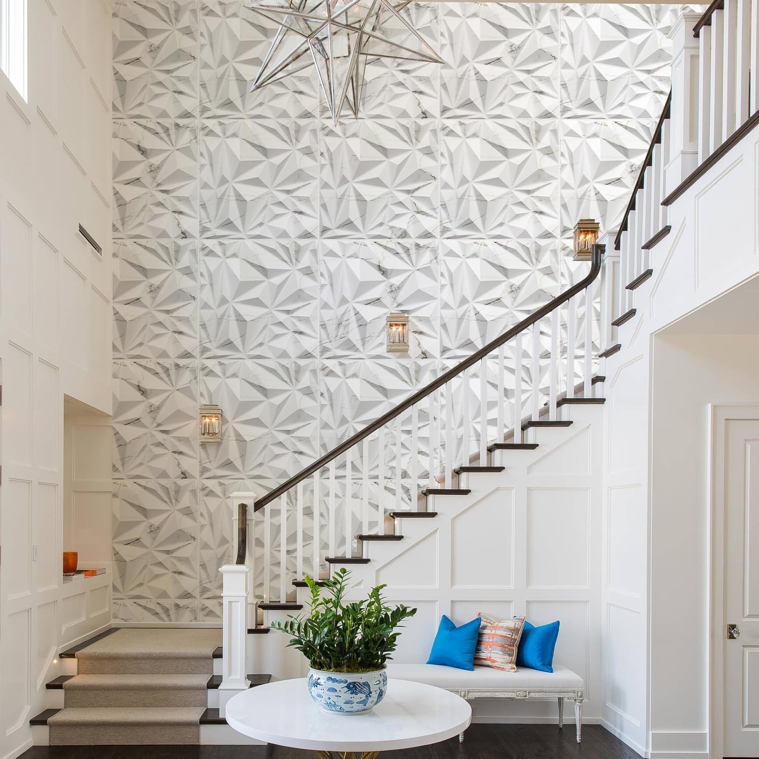 STICKGOO 3D Diamond Wall Panels White Marble Mixed Gold Interior Decor