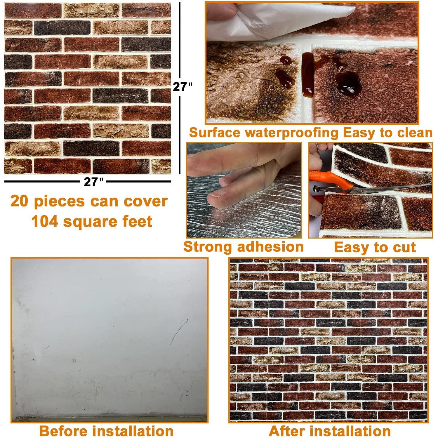 10-Pack 52 Sq.Ft 3D Wall Panels Peel and Stick Faux Brick Brown Grey Foam
