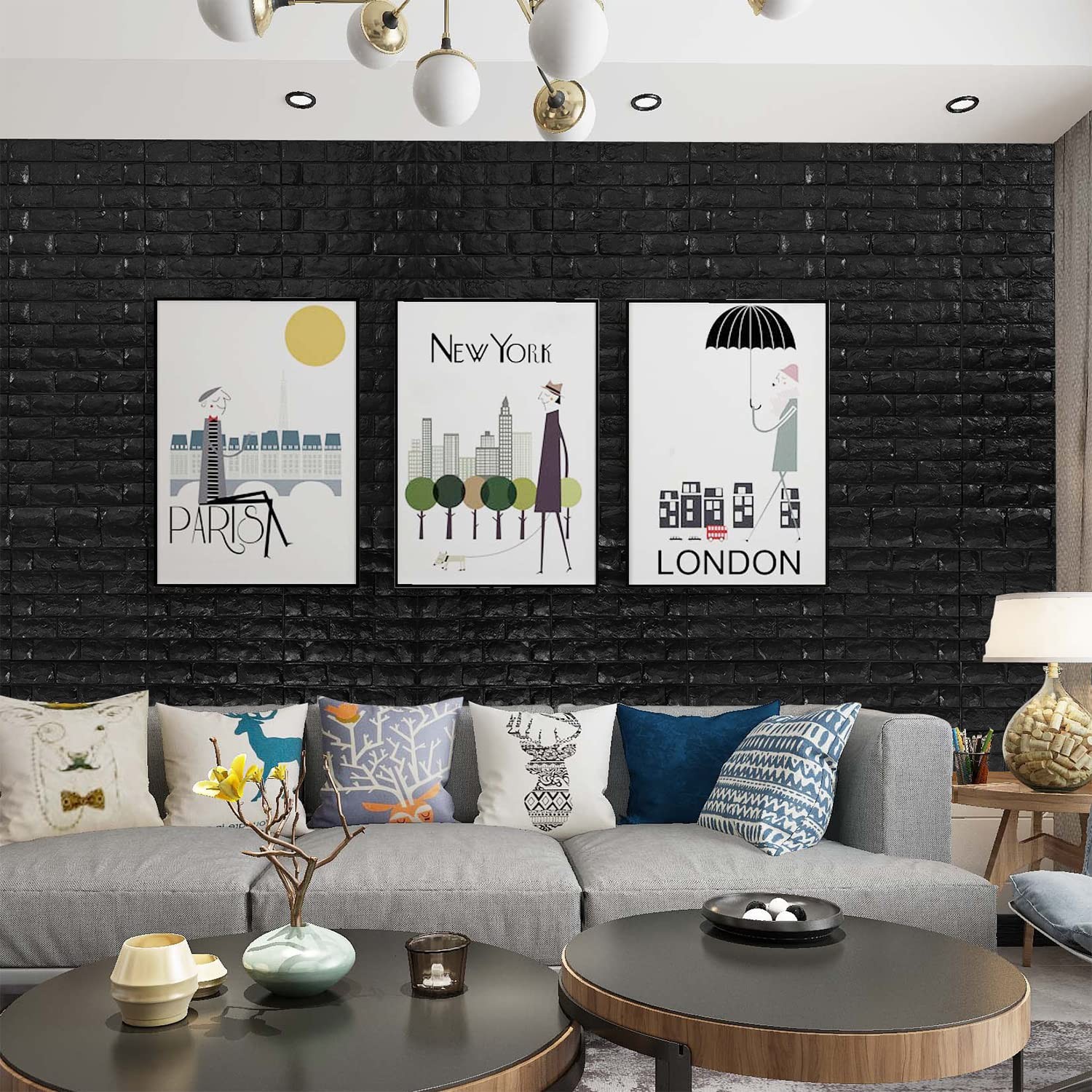 YU LI 3DH 3D Wall Panels Peel and Stick 11PCS Black Foam Brick Wallpaper