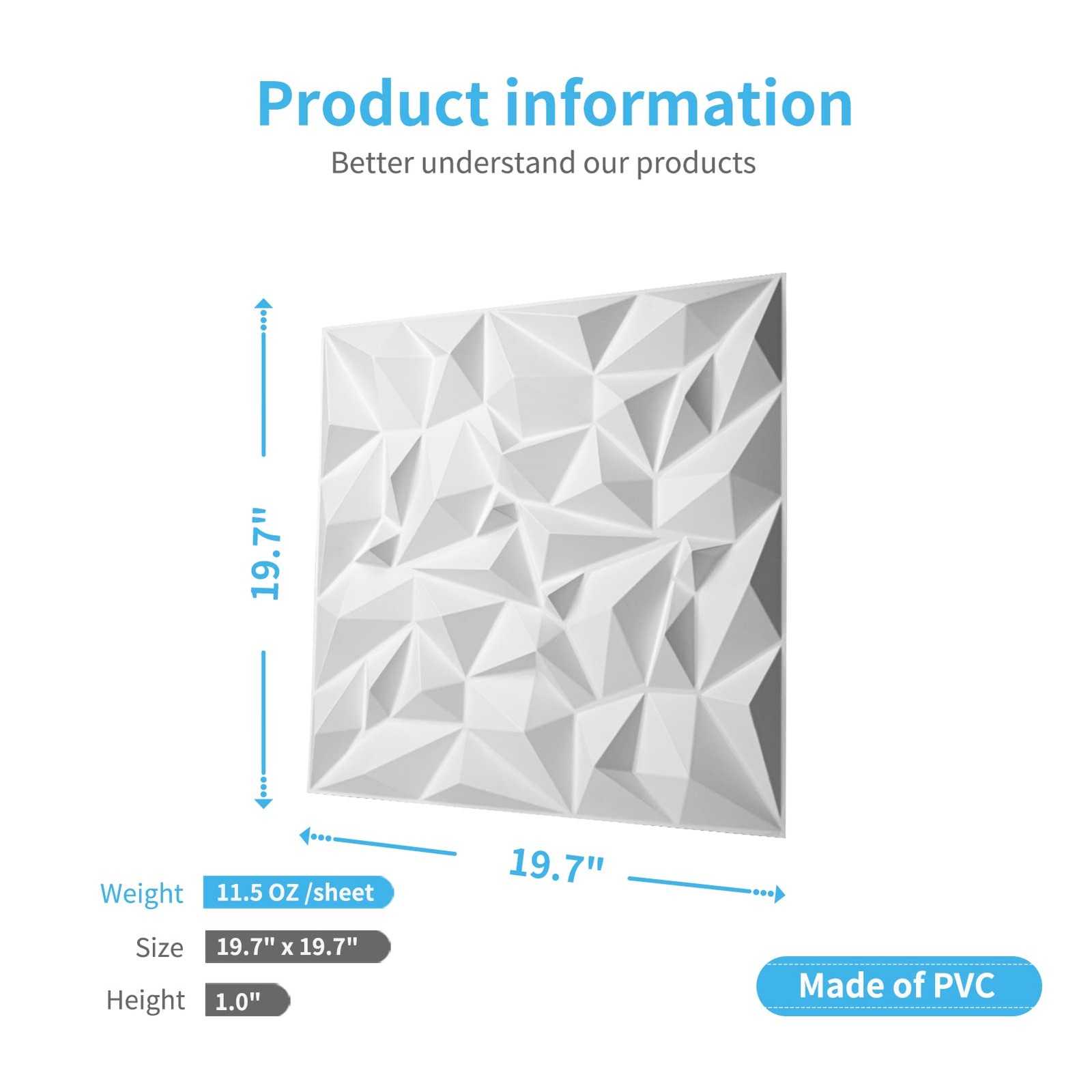 Art3d 19.7″x19.7″ 3D Wall Panels Diamond Design Pack of 12 White, 32 Sq Ft