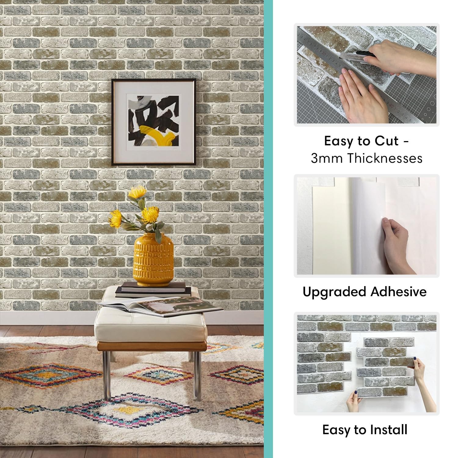 Commomy 10 Pcs 3D Faux Brick Peel and Stick – 11.8″x11.8″ Thin PVC Wall Panel