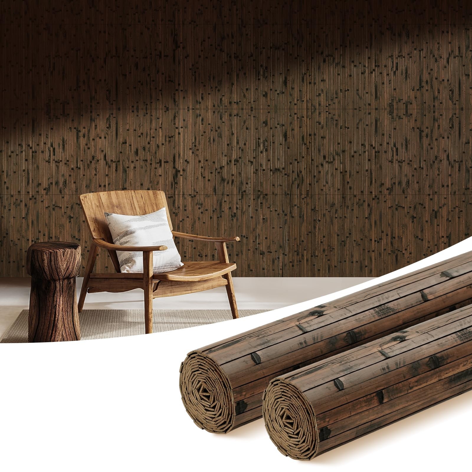 OUZUGIE 2 Pack 96×24 Inch Natural Bamboo Wall Panel – Brown Burned Pole Wrap Pan