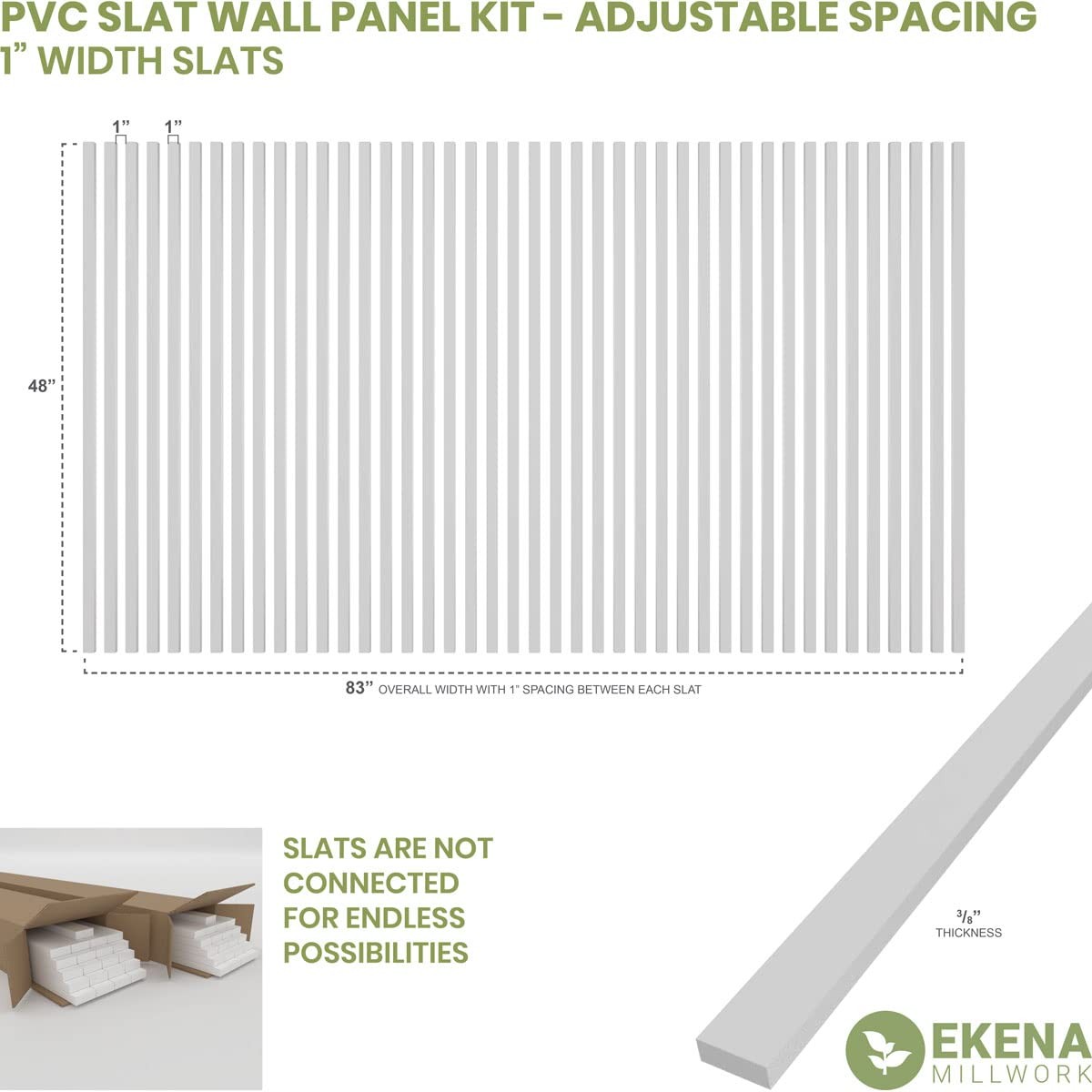 Ekena Millwork 47H X 3/8T Pvc Adjustable Slat Wall Panel Kit W/ 1W Slats