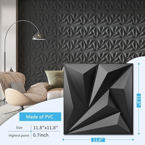 Art3d 20-Pack 3D Decorative Wall Panels 11.8″x11.8″ (19 sq ft) – Black PVC Glue-