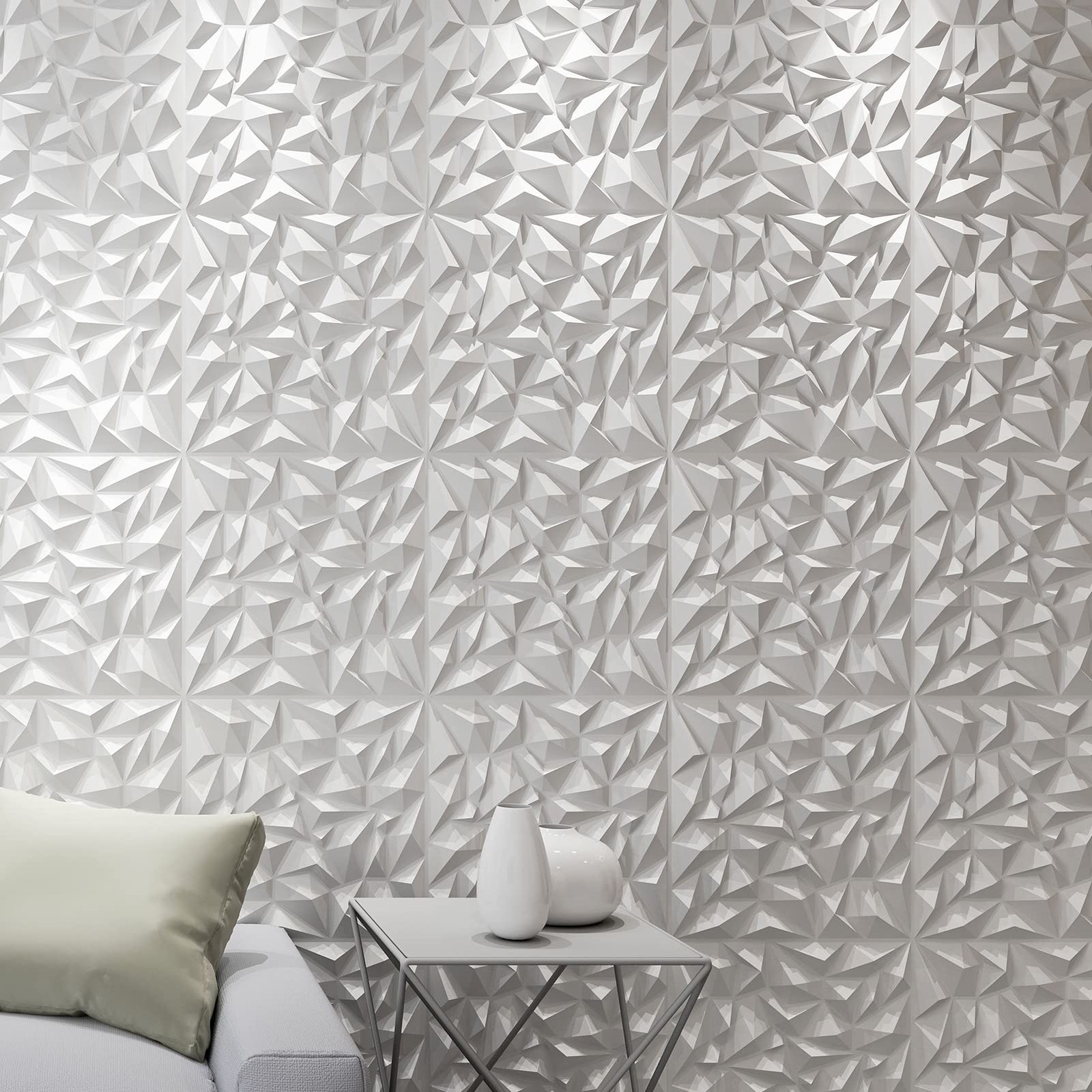 Art3d 19.7″x19.7″ 3D Wall Panels Diamond Design Pack of 12 White, 32 Sq Ft