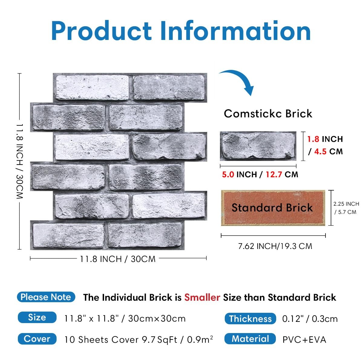 COMSTICKC 3D Faux Brick Wall Panels 10-Pack, 12″x12″ Peel & Stick Gray PVC Tile