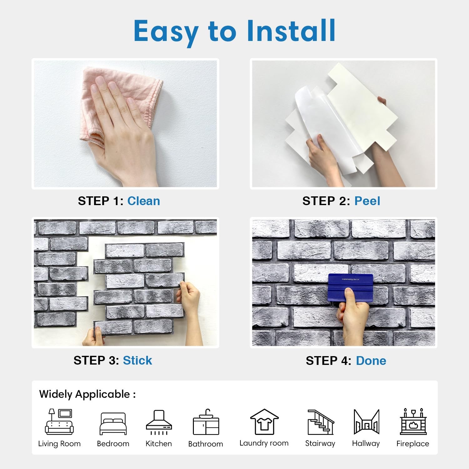 COMSTICKC 3D Faux Brick Wall Panels 10-Pack, 12″x12″ Peel & Stick Gray PVC Tile