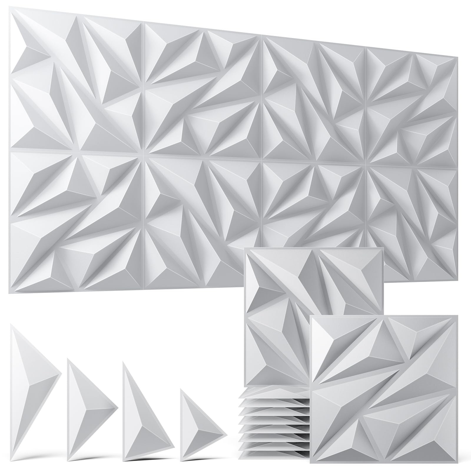 Zelmine 3D Wall Panels White 64 Pack Covers 62 Sq.Ft 12 X 12 Diamond Texture