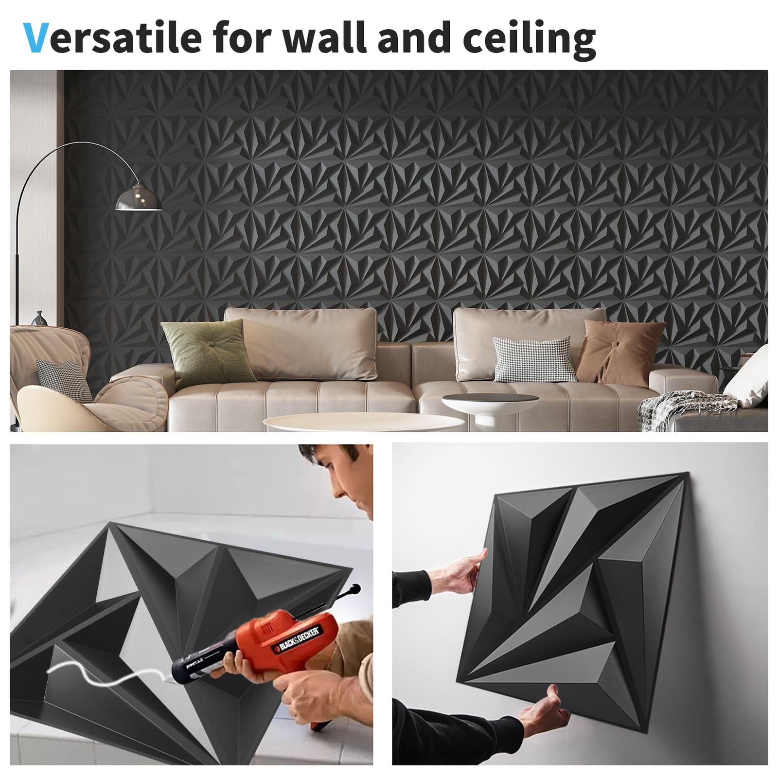 Art3d 20-Pack 3D Decorative Wall Panels 11.8″x11.8″ (19 sq ft) – Black PVC Glue-