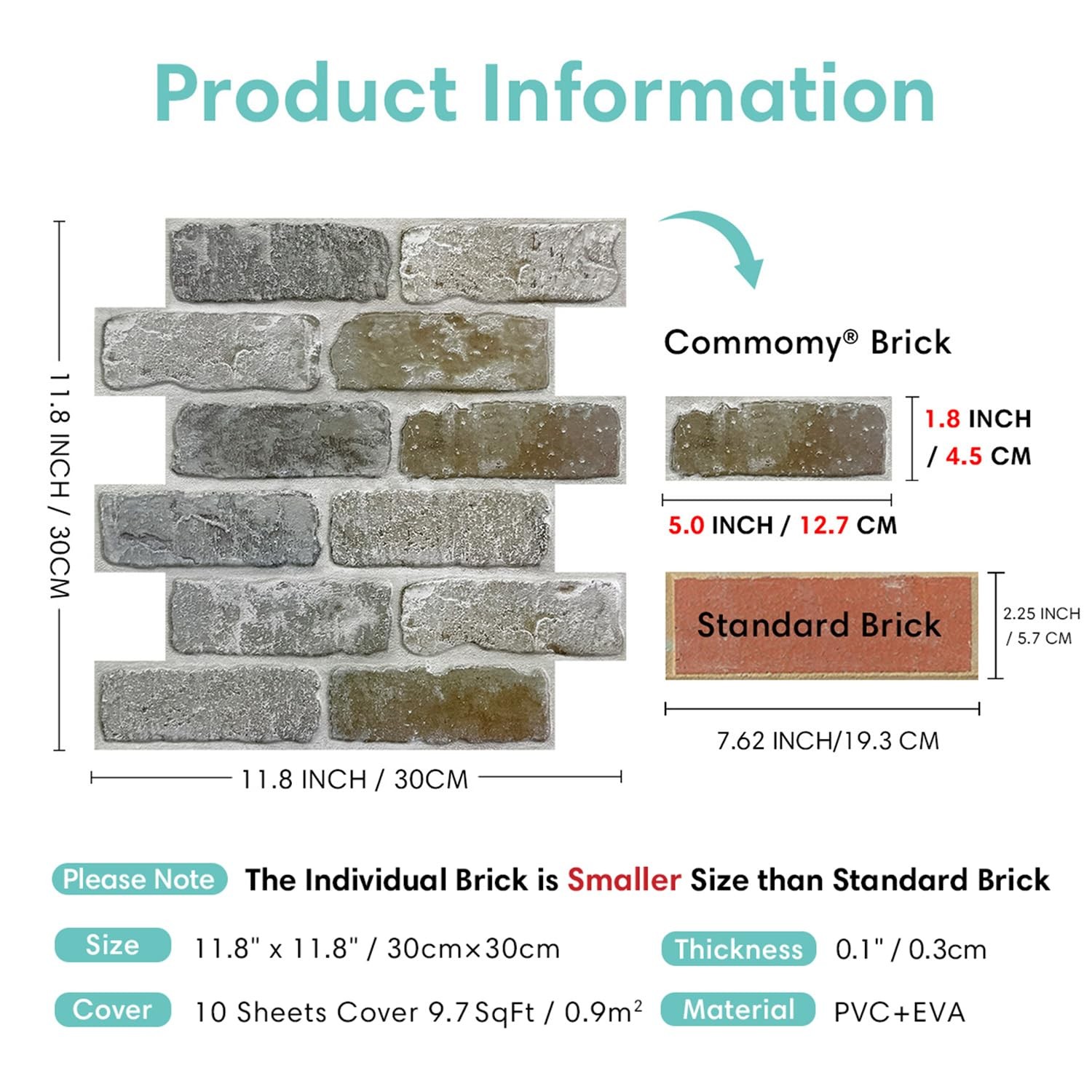 Commomy 10 Pcs 3D Faux Brick Peel and Stick – 11.8″x11.8″ Thin PVC Wall Panel