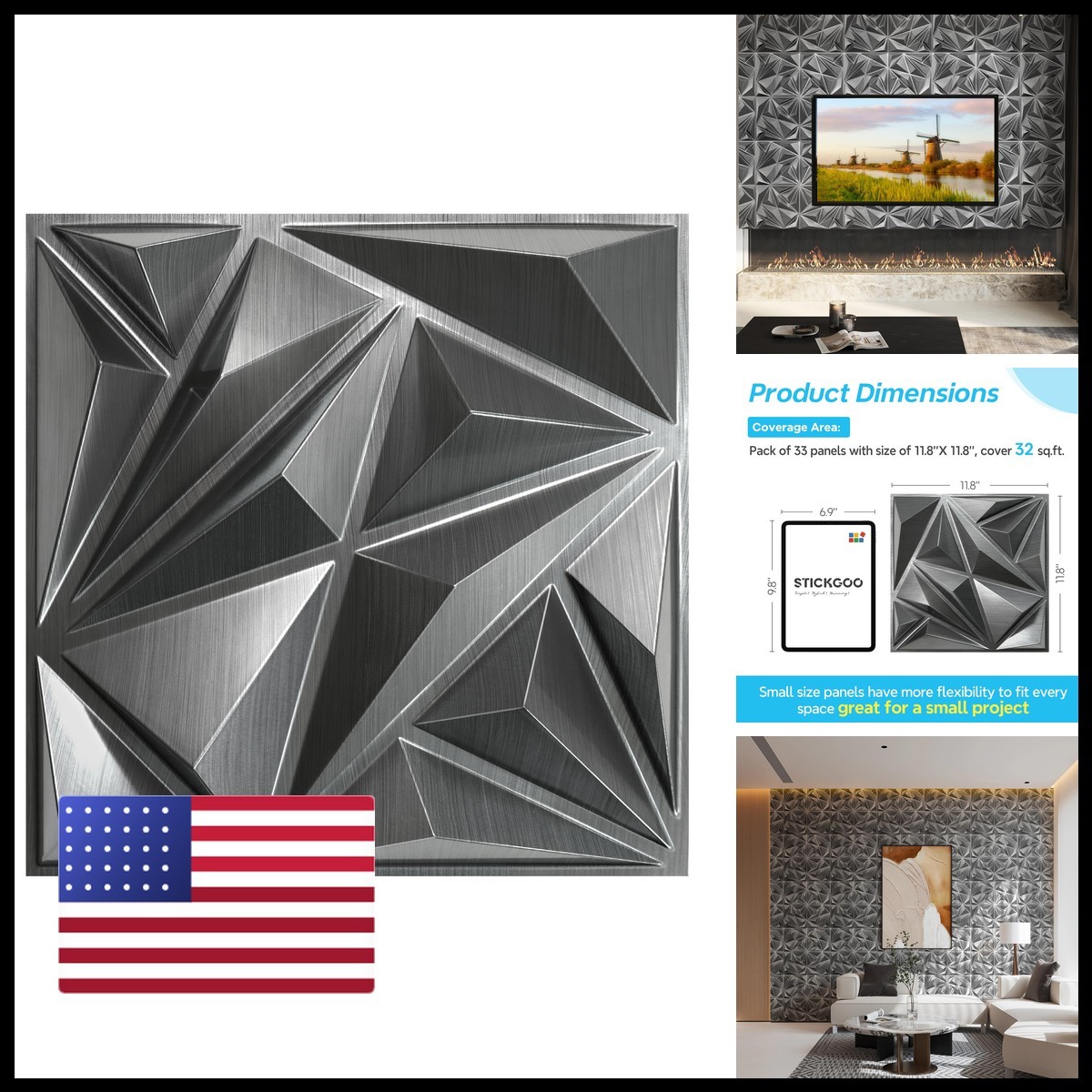 Stickgoo Brushed Silver 3D Wall Panels Interior Wall Decor 12X12 Diamond Accent