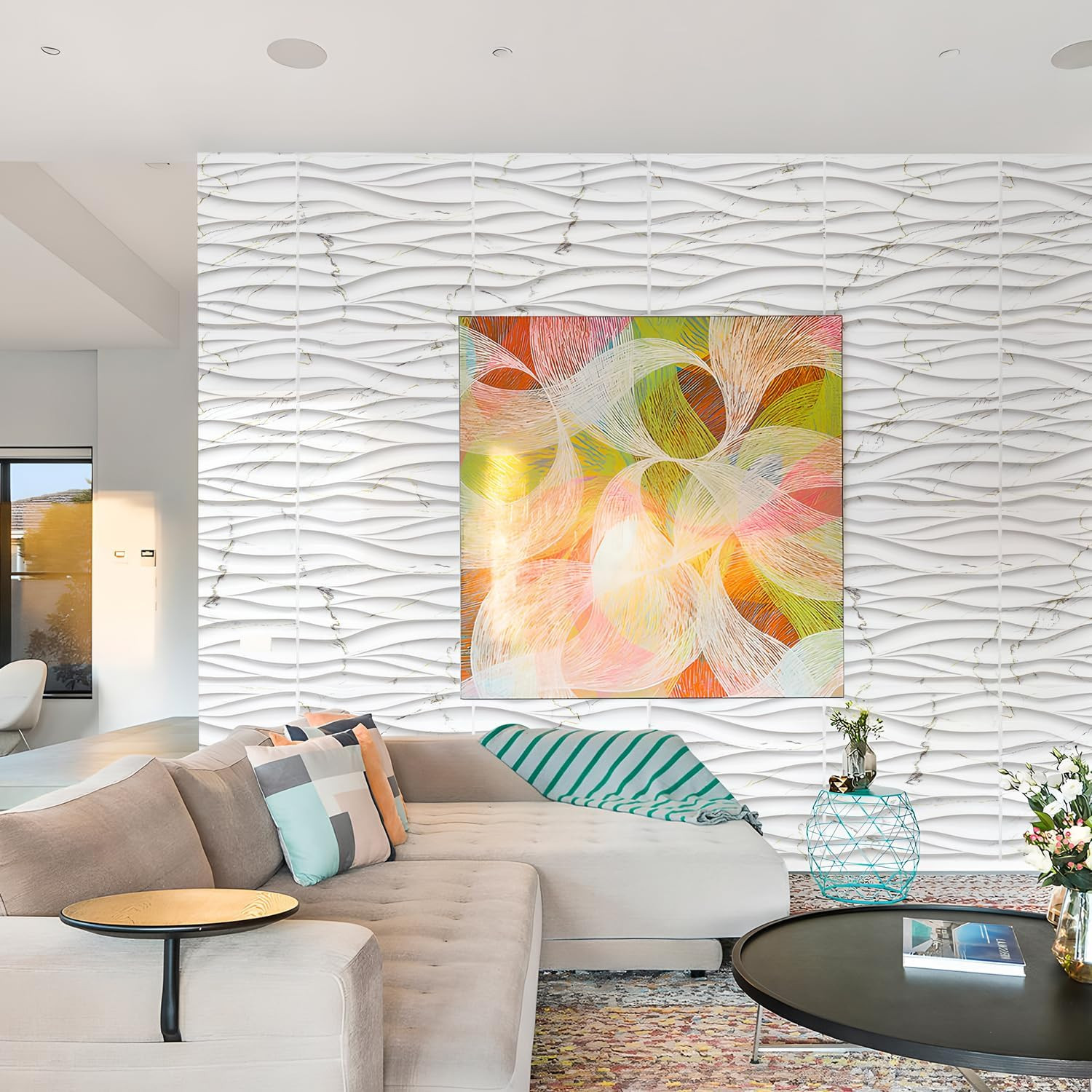 Wave Wall Panels for Interior Wall Decor, White Marble Mixed Gold Thread 3D Wall