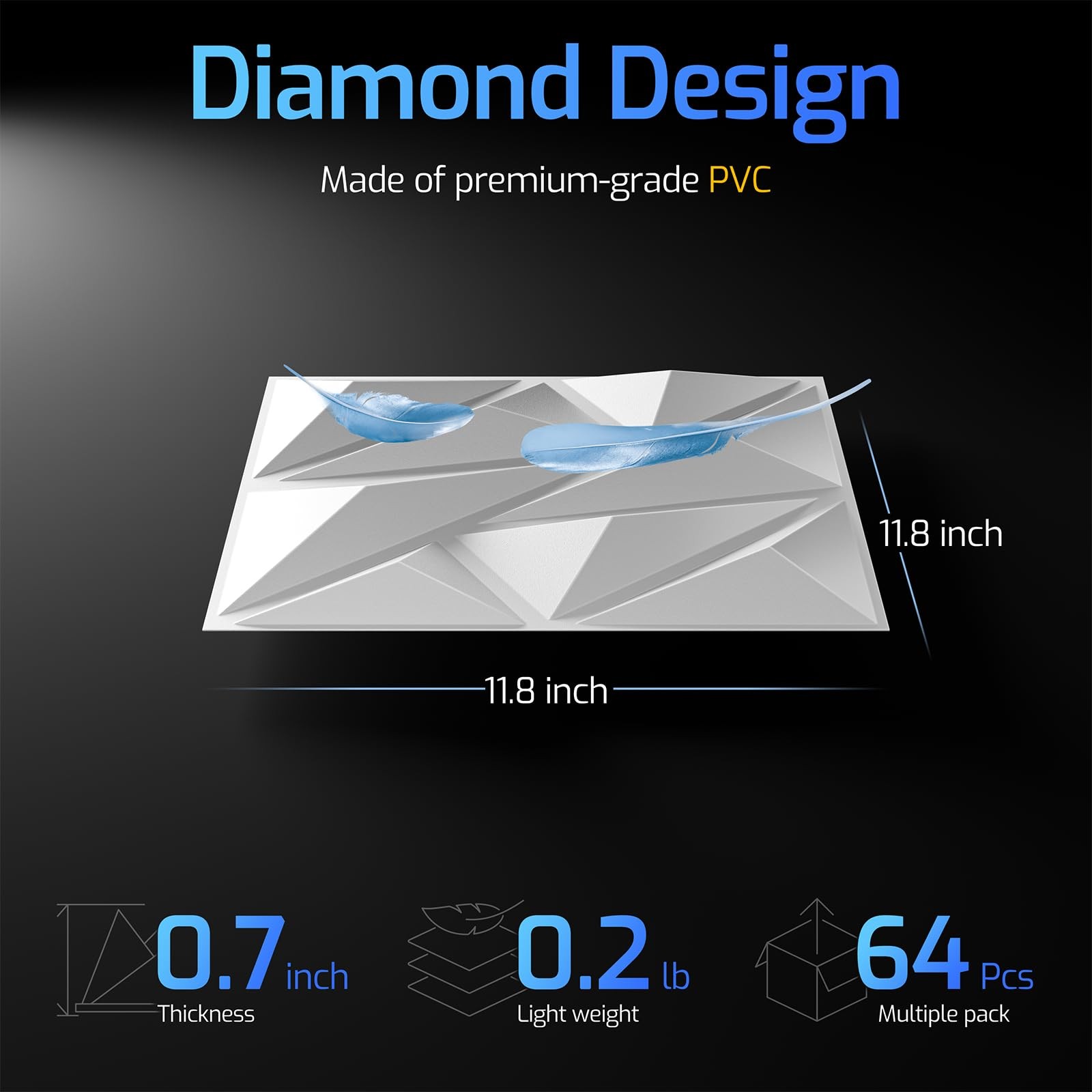 Zelmine 3D Wall Panels White 64 Pack Covers 62 Sq.Ft 12 X 12 Diamond Texture