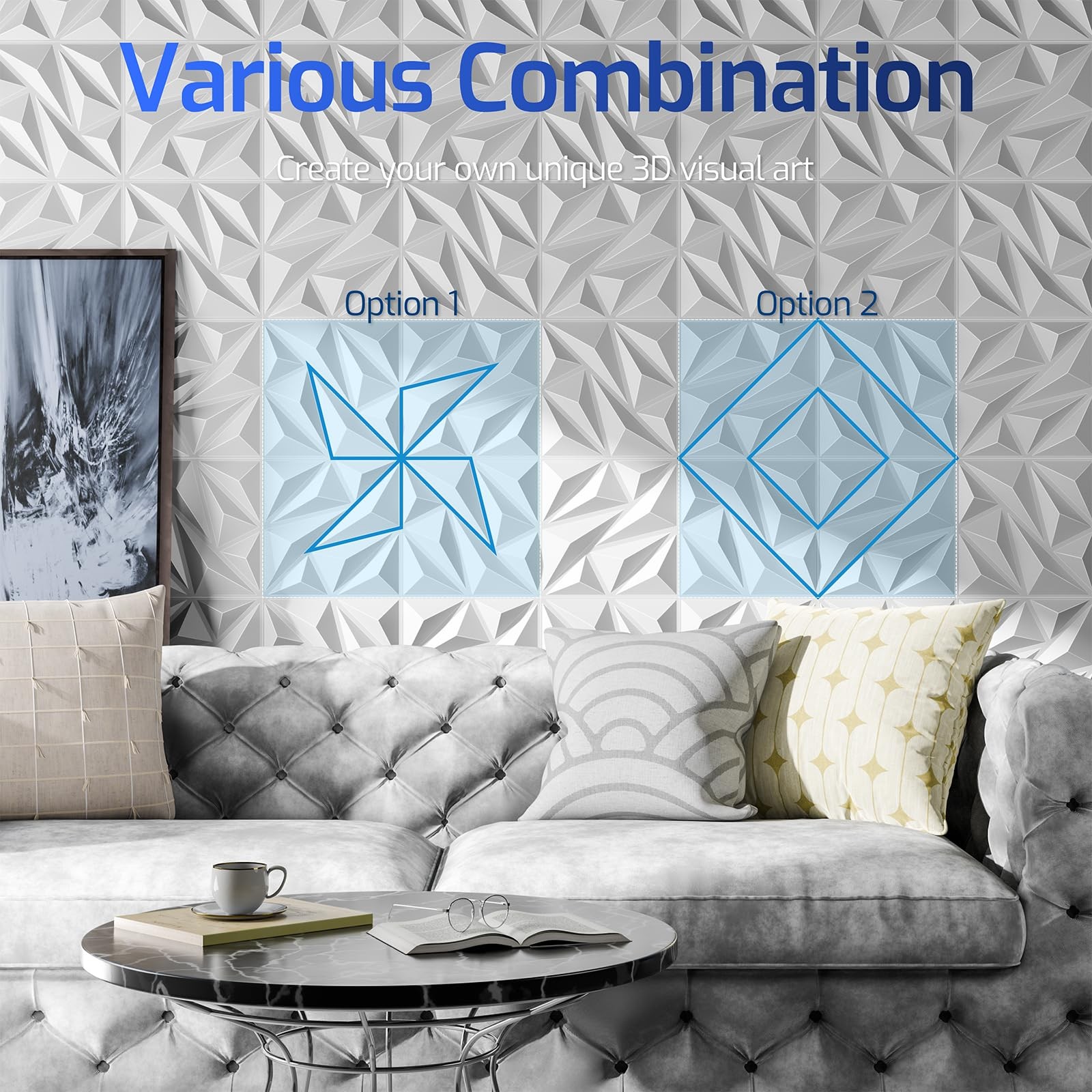 Zelmine 3D Wall Panels White 64 Pack Covers 62 Sq.Ft 12 X 12 Diamond Texture