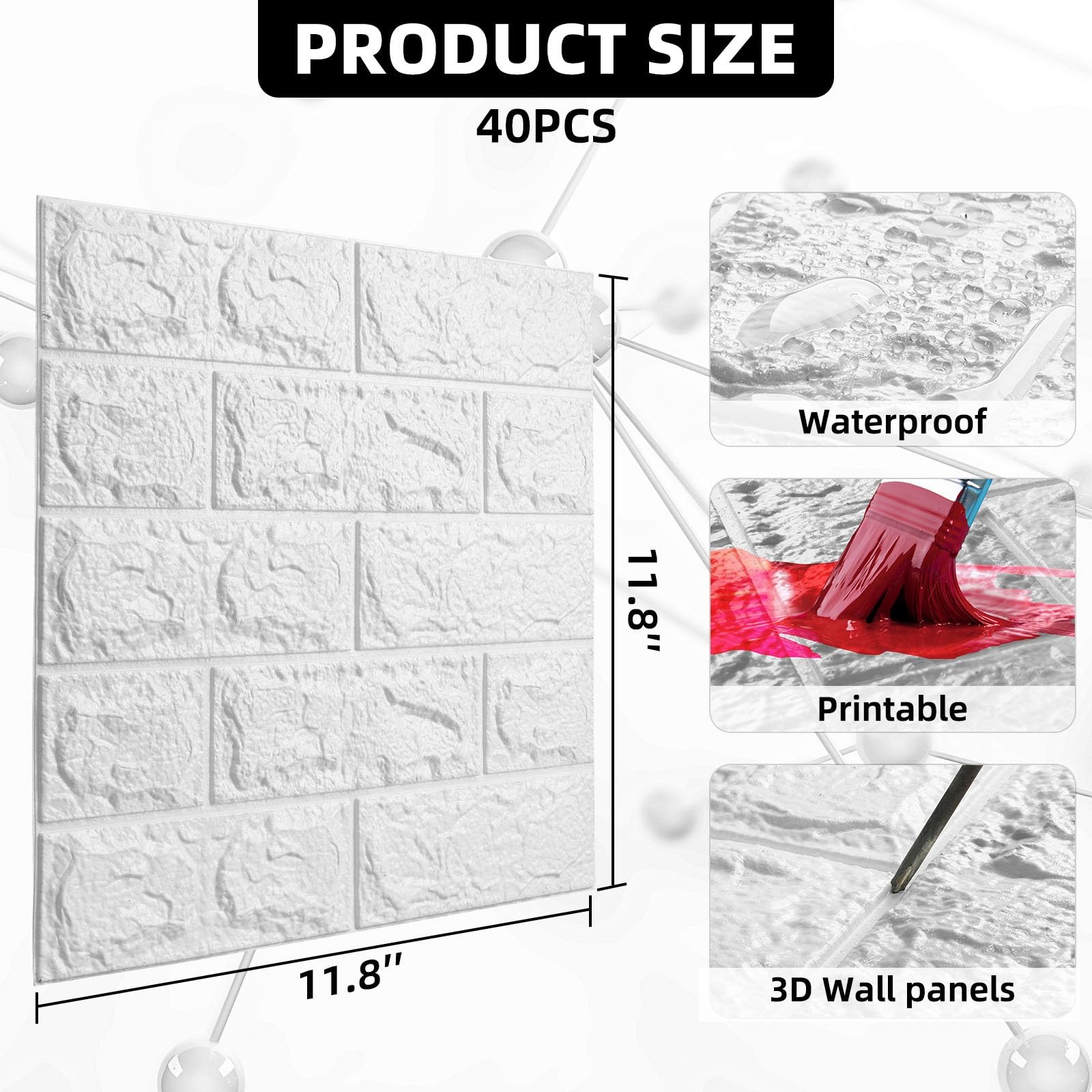 Umedol 40 PCS 3D Wall Panels Self-Adhesive Faux Foam 11.8″x11.8″ White Brick