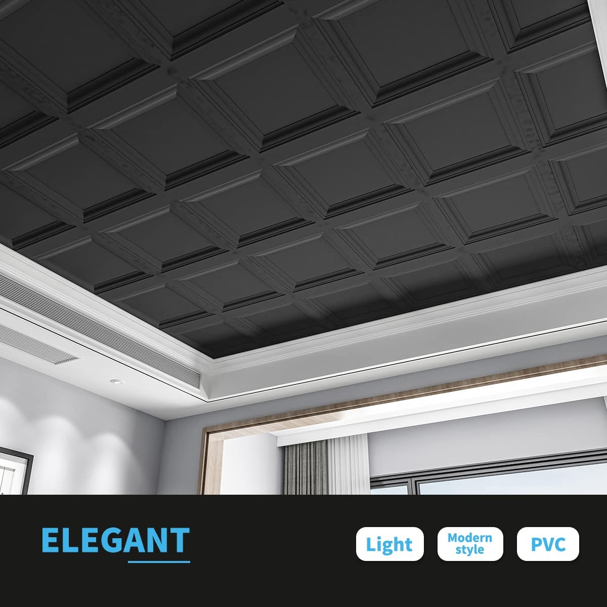 Art3D 12-Pack Square Black Drop Ceiling Tile 2Ft X 2Ft Pvc Ceiling Panel 24 X