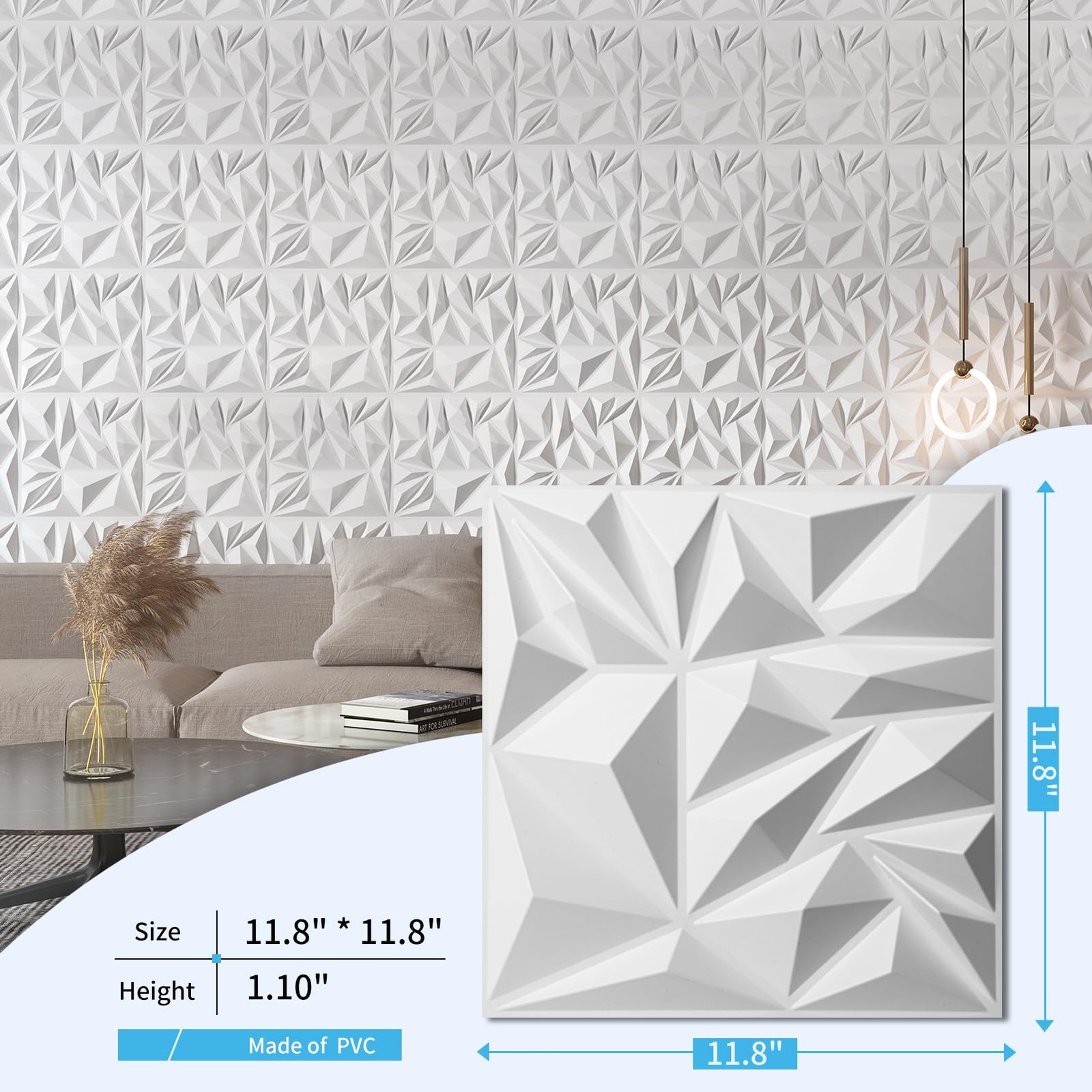 Art3D 33-Pack 3D Wall Panels For Interior Wall Decor Modern Diamond Textured