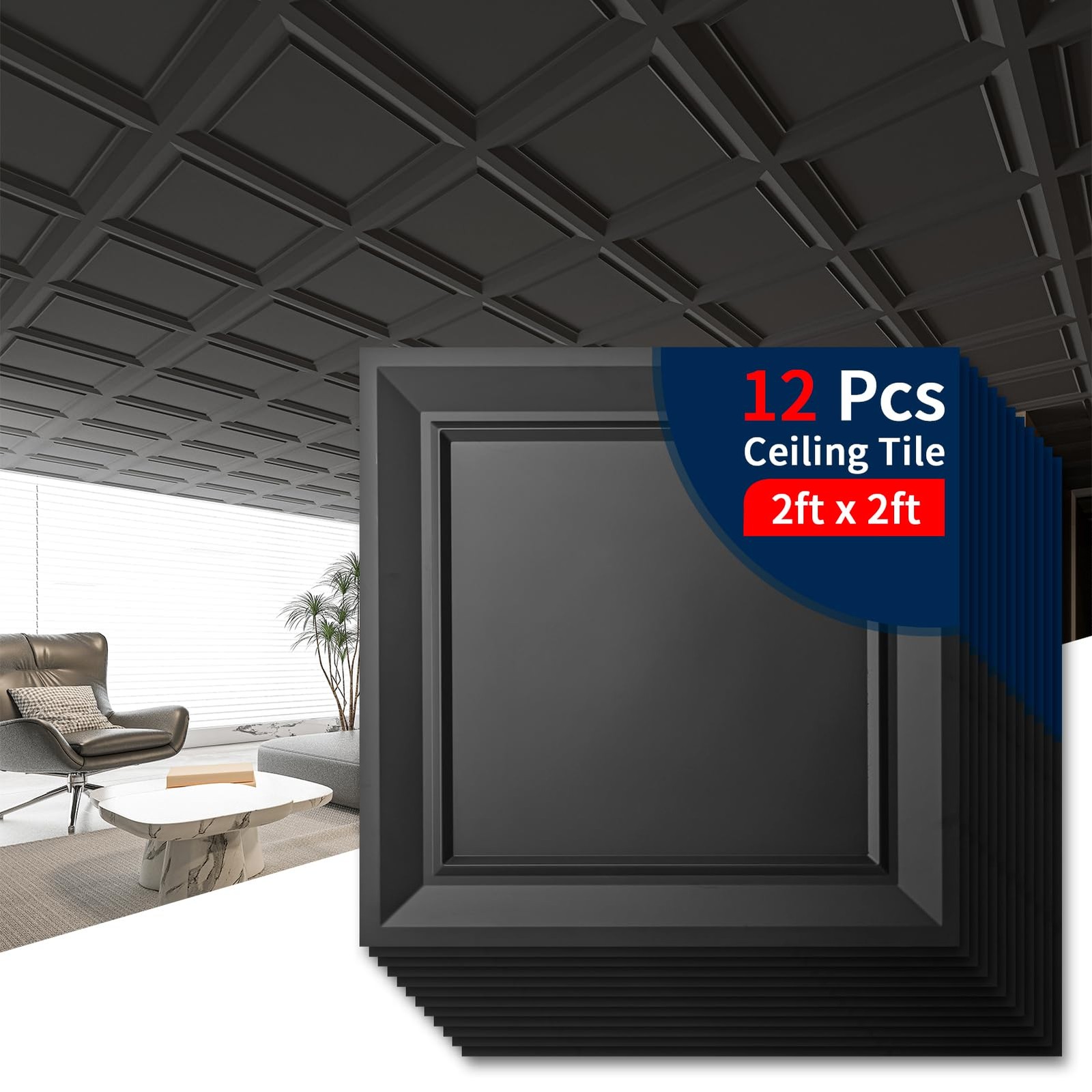 Art3d 24×24 PVC 3D Wall Drop Ceiling Tiles 12-Pack Fire Rated Washable 48 sq ft