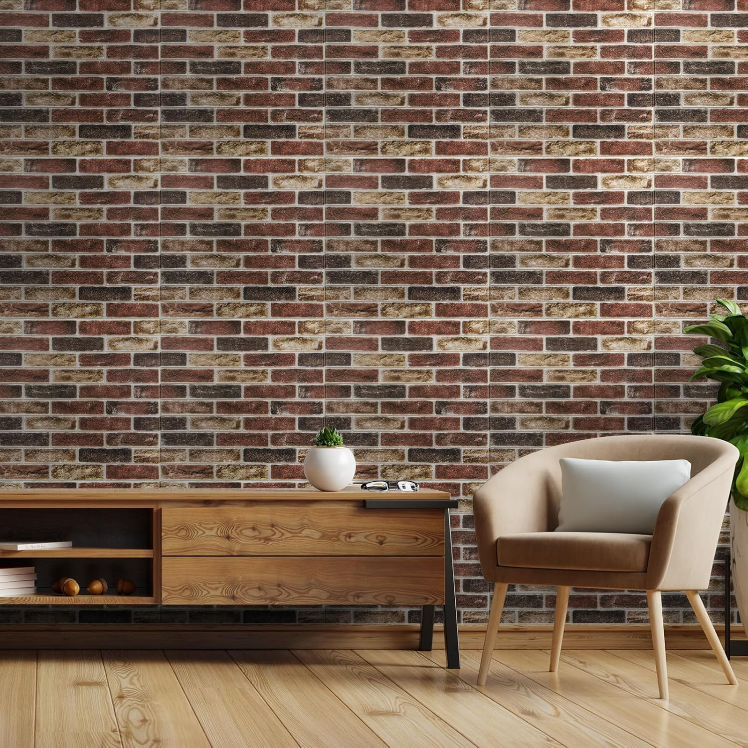 10Pcs Large Size 52.5 Sq.Ft 3D Self-Adhesive Foam Brick Wall Panels, Red Brown(1