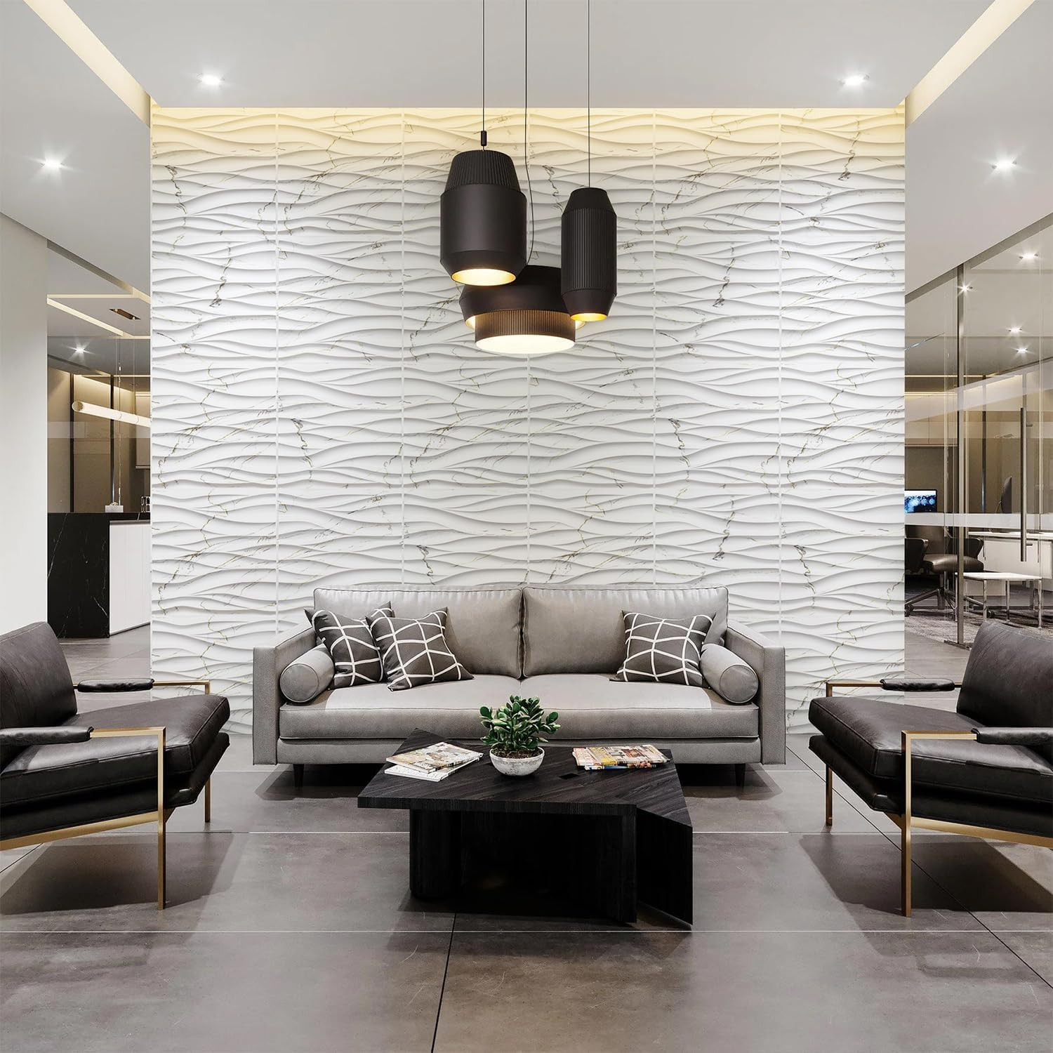 Wave Wall Panels for Interior Wall Decor, White Marble Mixed Gold Thread 3D Wall