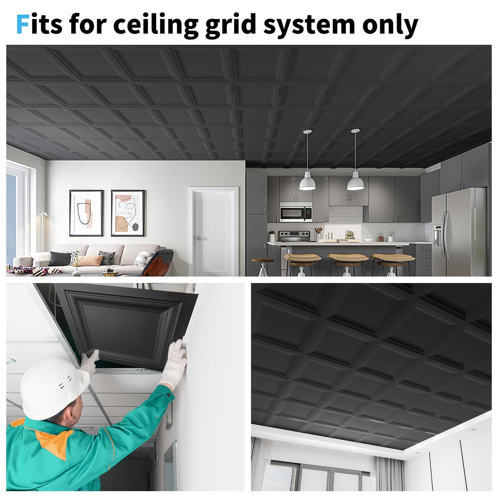 Art3D 12-Pack Square Black Drop Ceiling Tile 2Ft X 2Ft Pvc Ceiling Panel 24 X