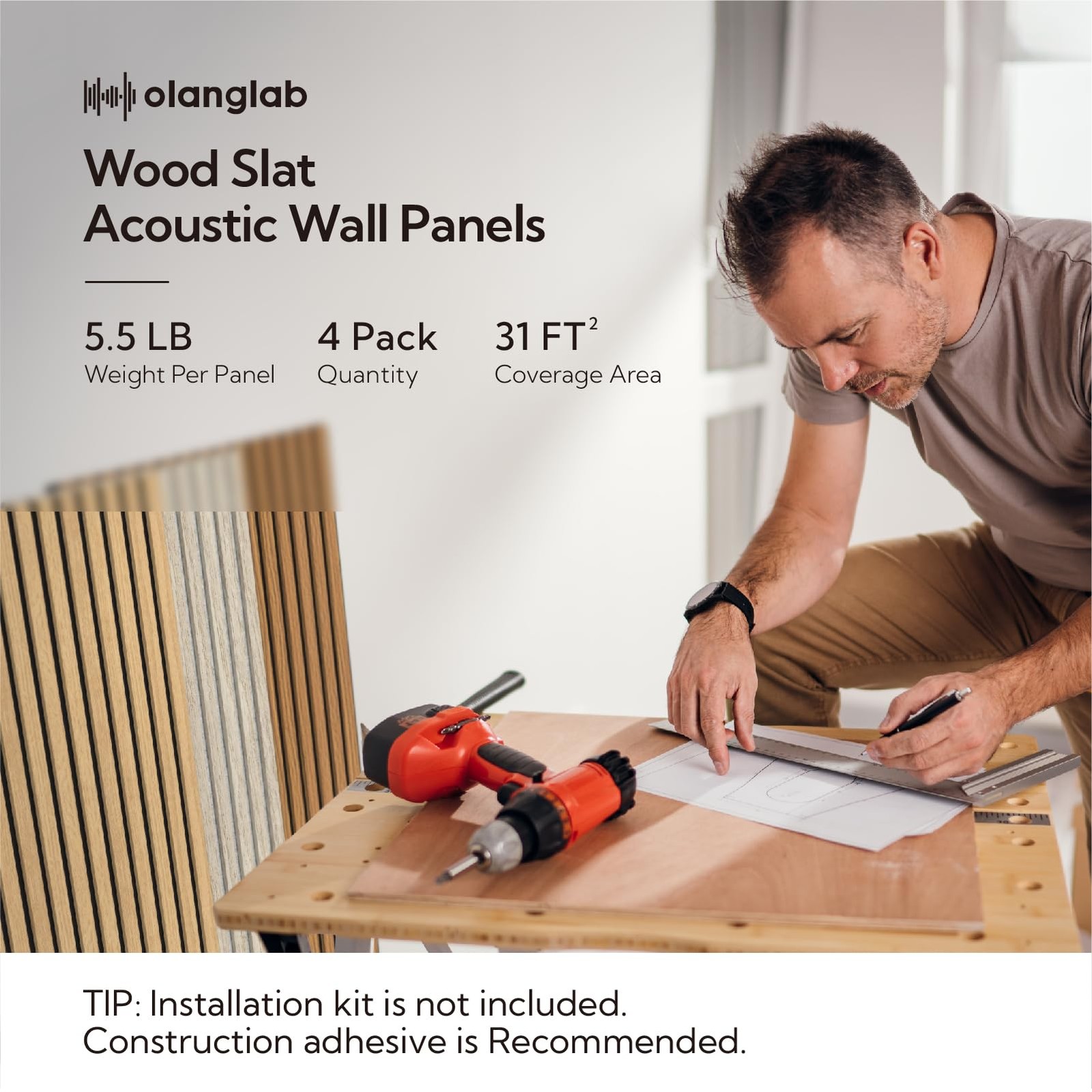 Olanglab Wood Slat Wall Panels 4 Pack Acoustic Wall Panels 47.24 X 23.62 Each