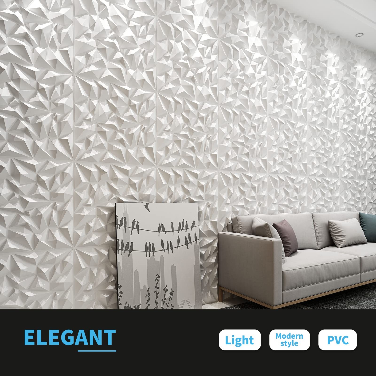 Art3d 19.7″x19.7″ 3D Wall Panels Diamond Design Pack of 12 White, 32 Sq Ft