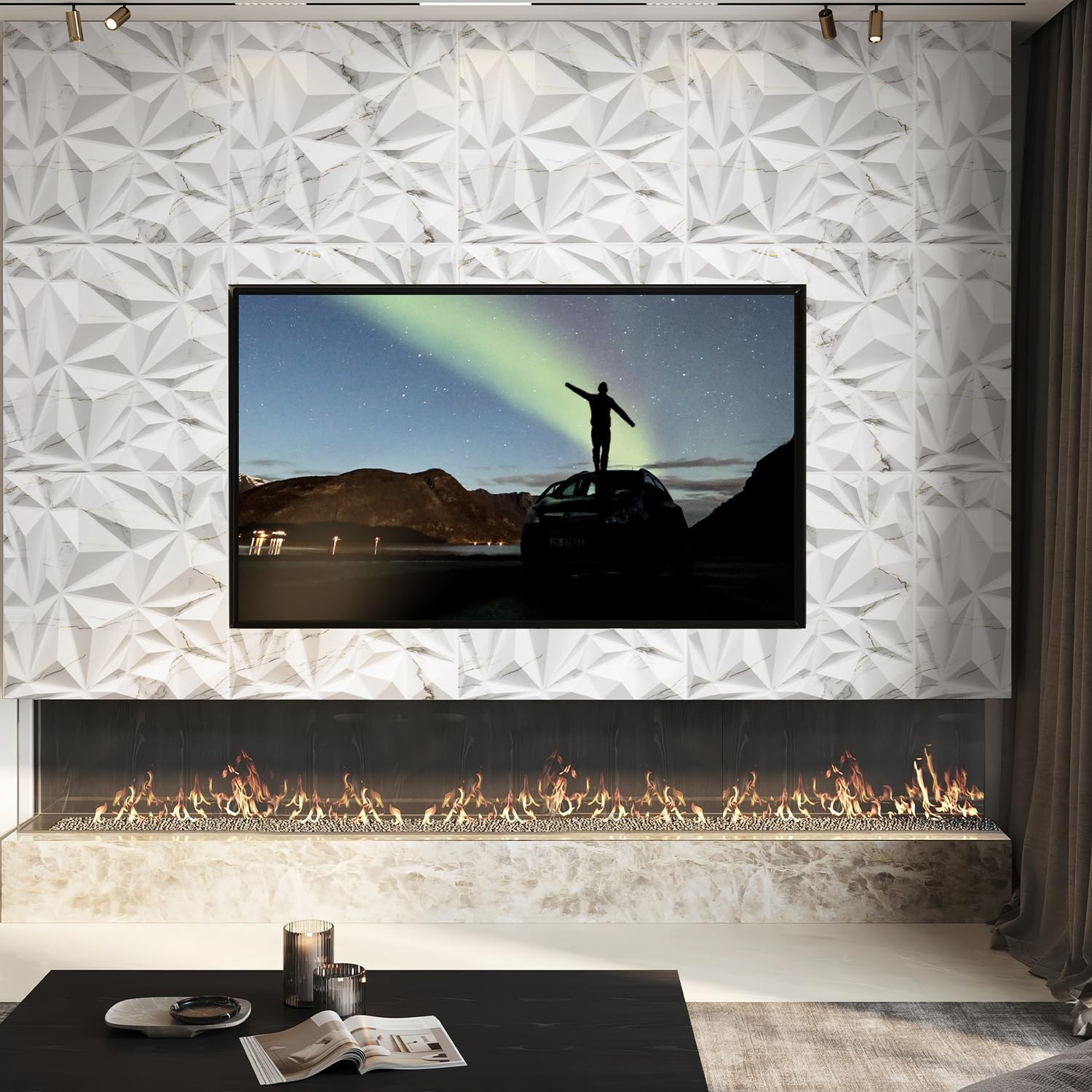 STICKGOO 3D Diamond Wall Panels White Marble Mixed Gold Interior Decor